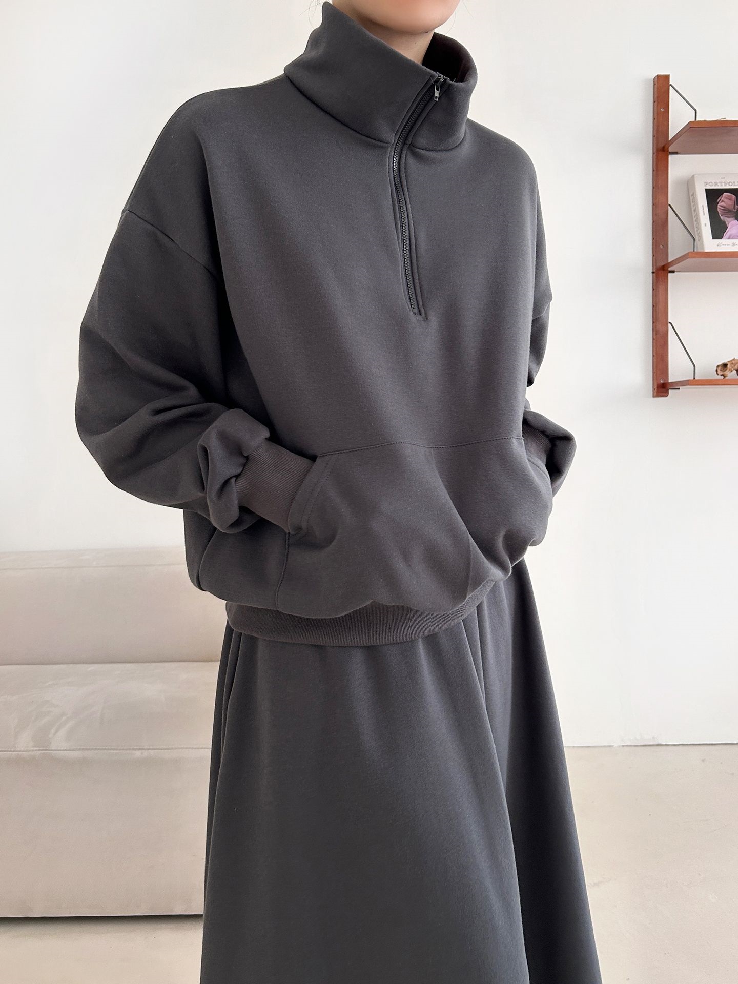 裏起毛ハーフジップウエストゴムロングルーズ長袖ワイドセットアップスカートスウェット | 詳細画像12