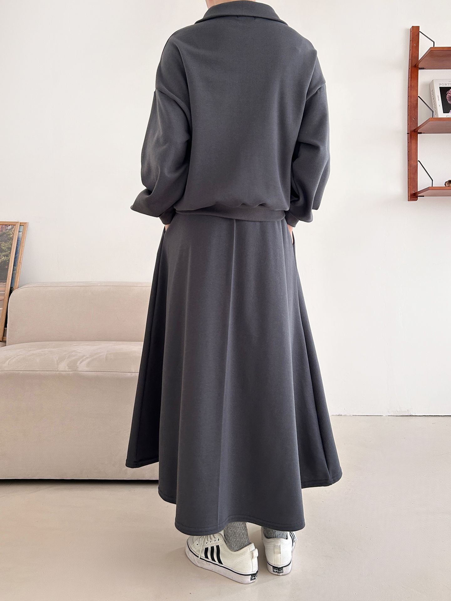 裏起毛ハーフジップウエストゴムロングルーズ長袖ワイドセットアップスカートスウェット | 詳細画像13
