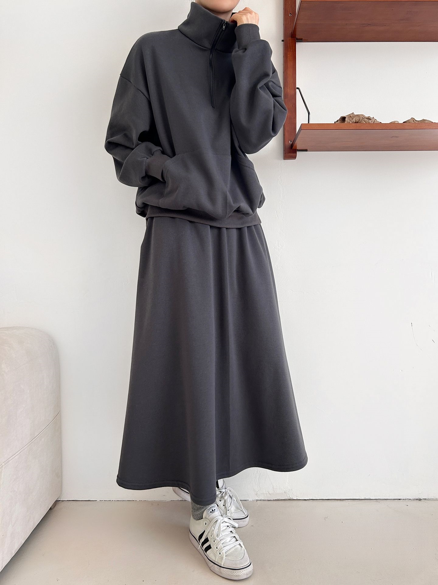 裏起毛ハーフジップウエストゴムロングルーズ長袖ワイドセットアップスカートスウェット | 詳細画像14
