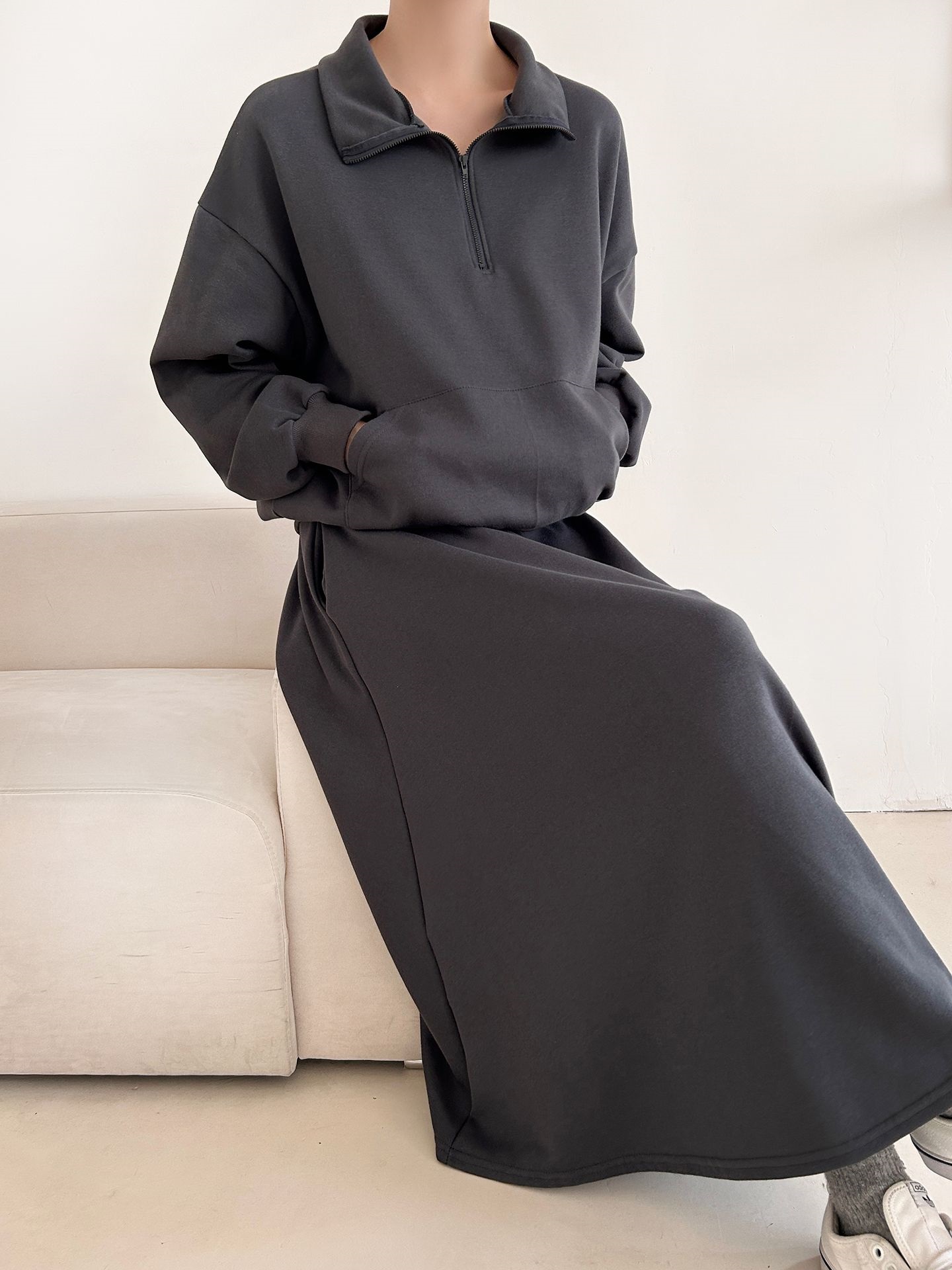 裏起毛ハーフジップウエストゴムロングルーズ長袖ワイドセットアップスカートスウェット | 詳細画像15