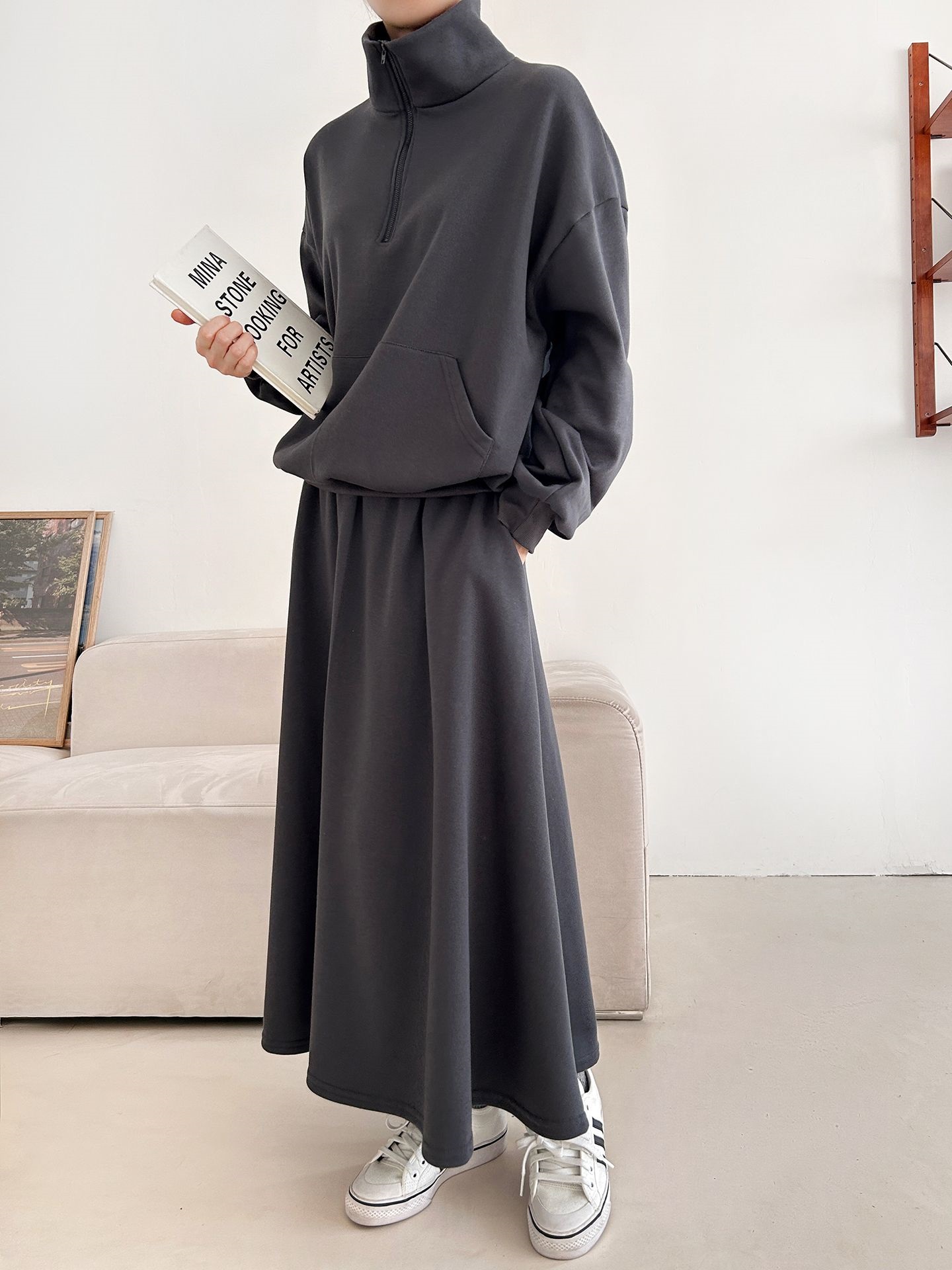 裏起毛ハーフジップウエストゴムロングルーズ長袖ワイドセットアップスカートスウェット | 詳細画像16