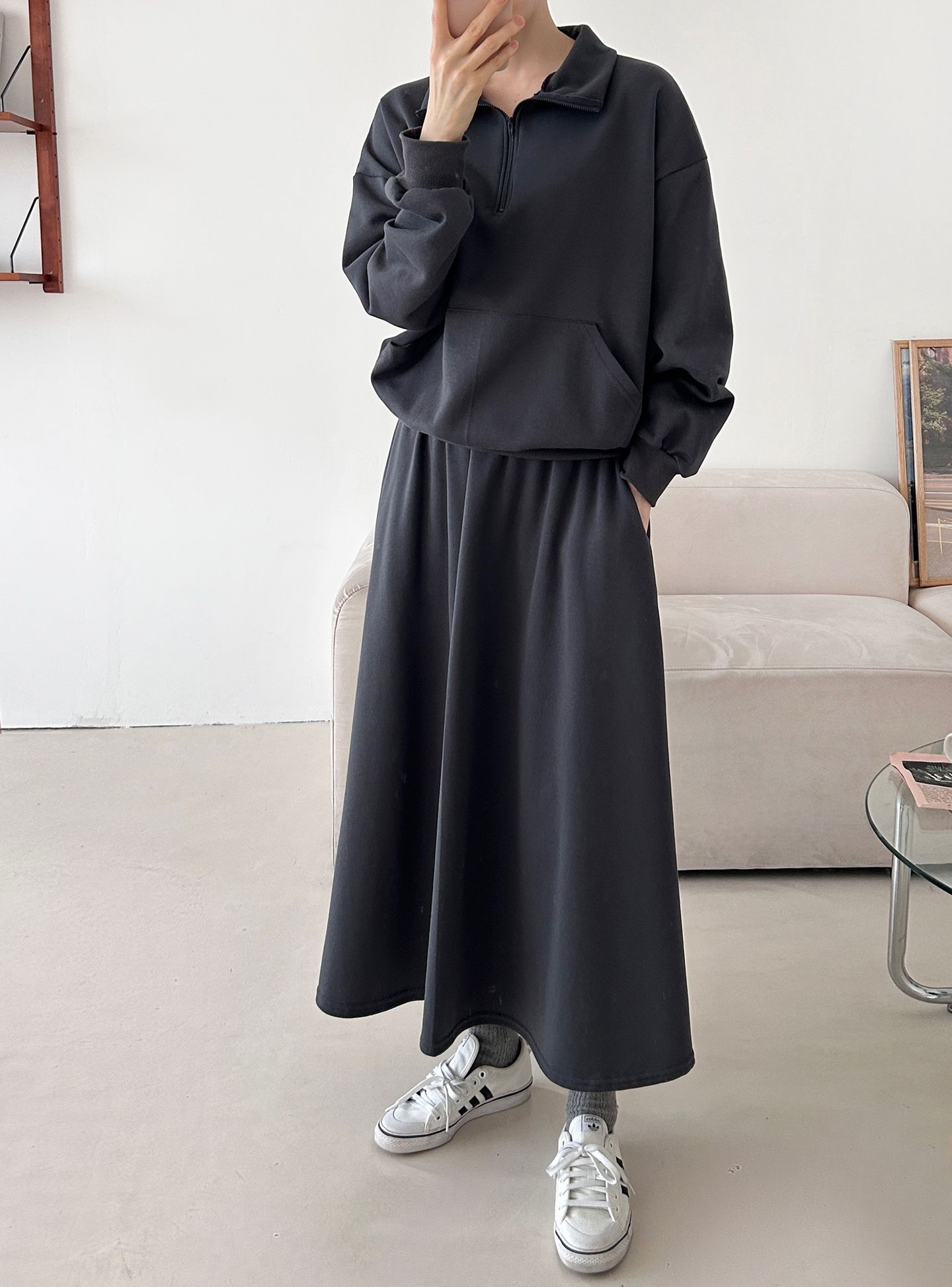 裏起毛ハーフジップウエストゴムロングルーズ長袖ワイドセットアップスカートスウェット | 詳細画像17