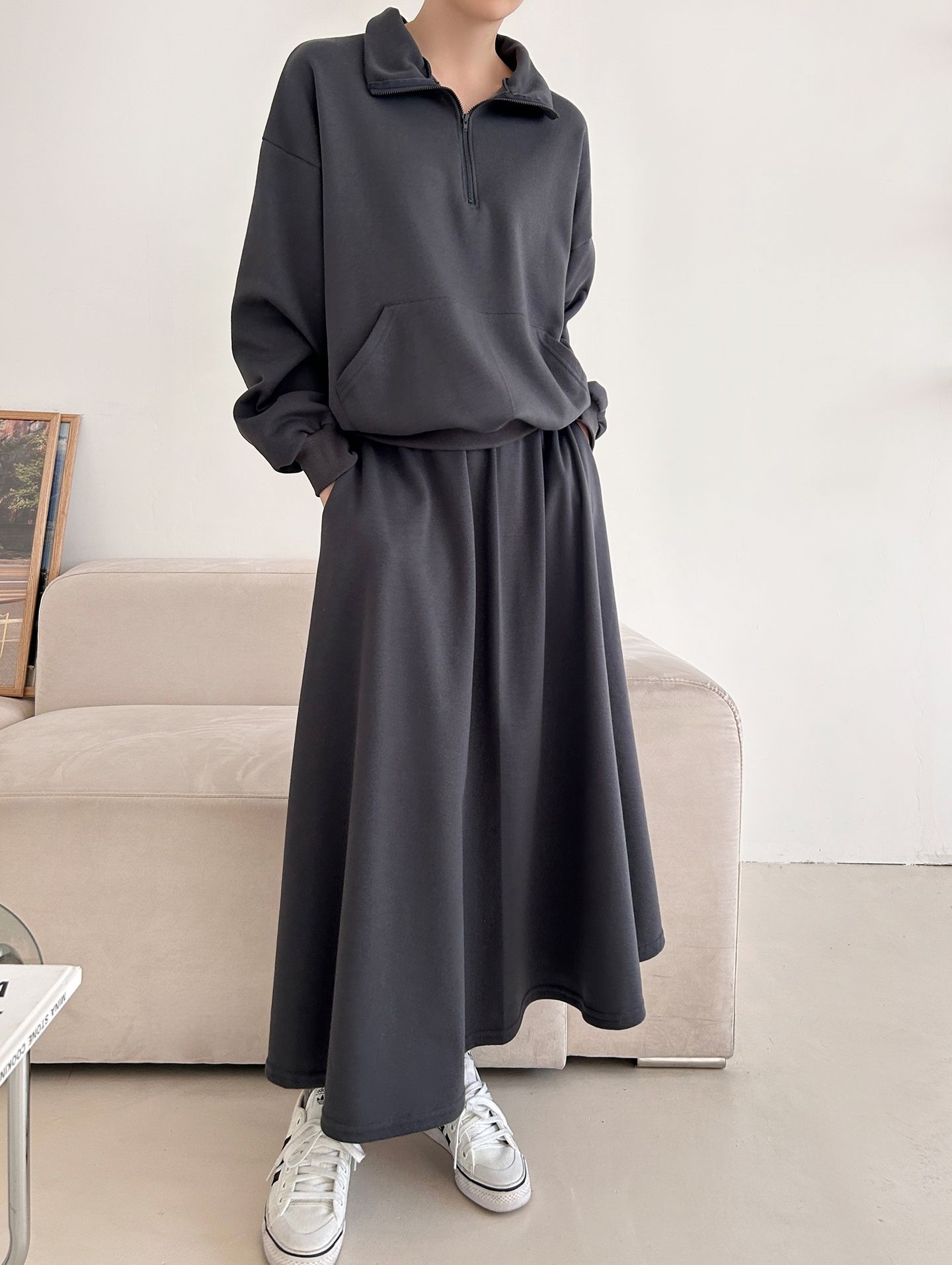 裏起毛ハーフジップウエストゴムロングルーズ長袖ワイドセットアップスカートスウェット | 詳細画像18