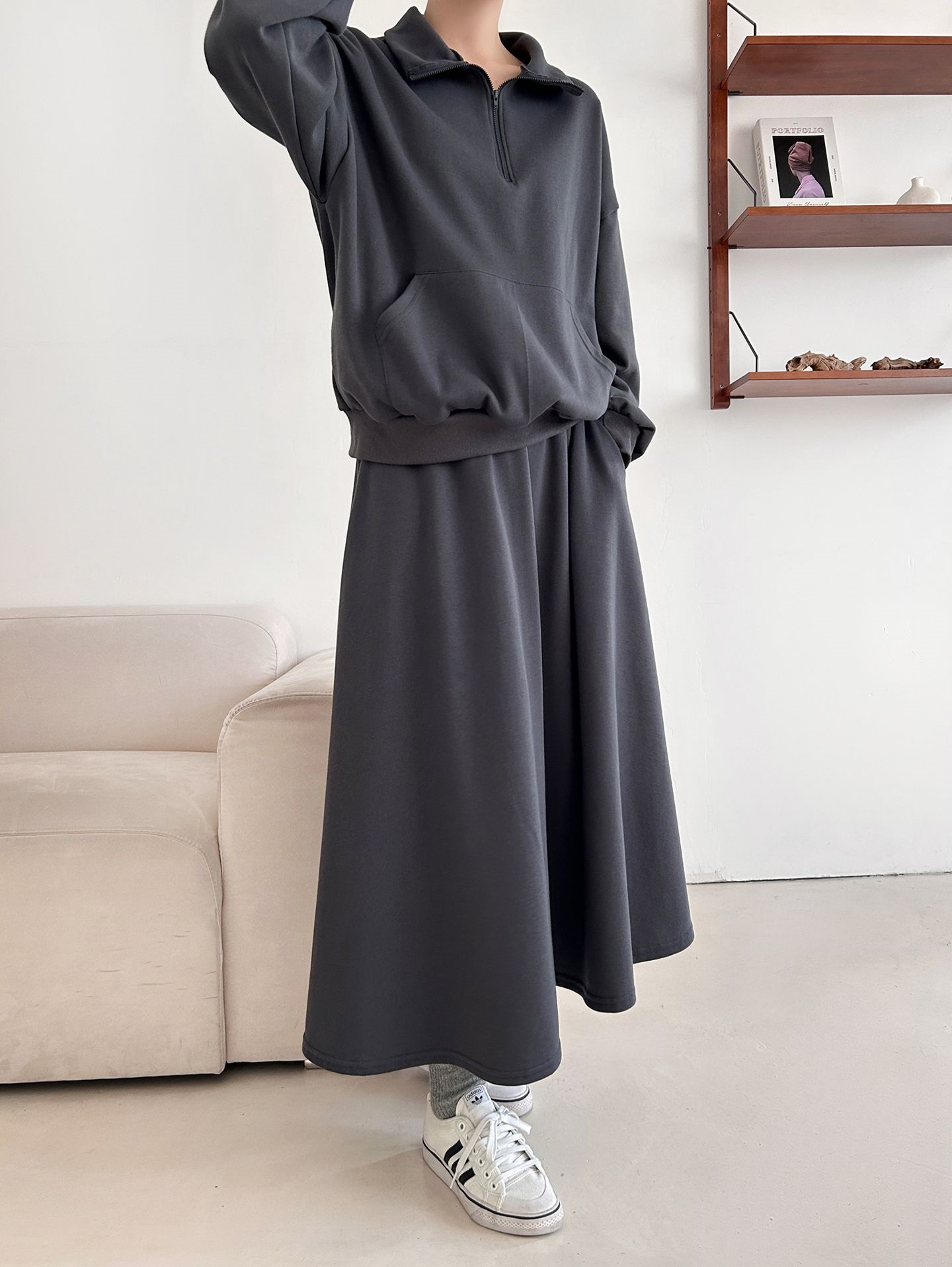 裏起毛ハーフジップウエストゴムロングルーズ長袖ワイドセットアップスカートスウェット | 詳細画像19