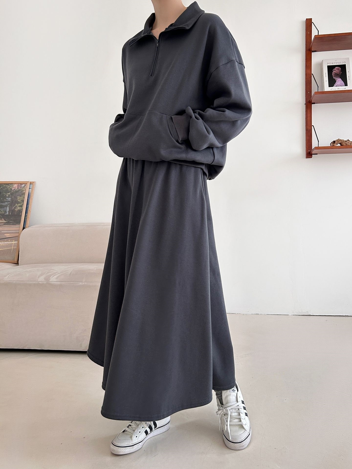 裏起毛ハーフジップウエストゴムロングルーズ長袖ワイドセットアップスカートスウェット | 詳細画像20