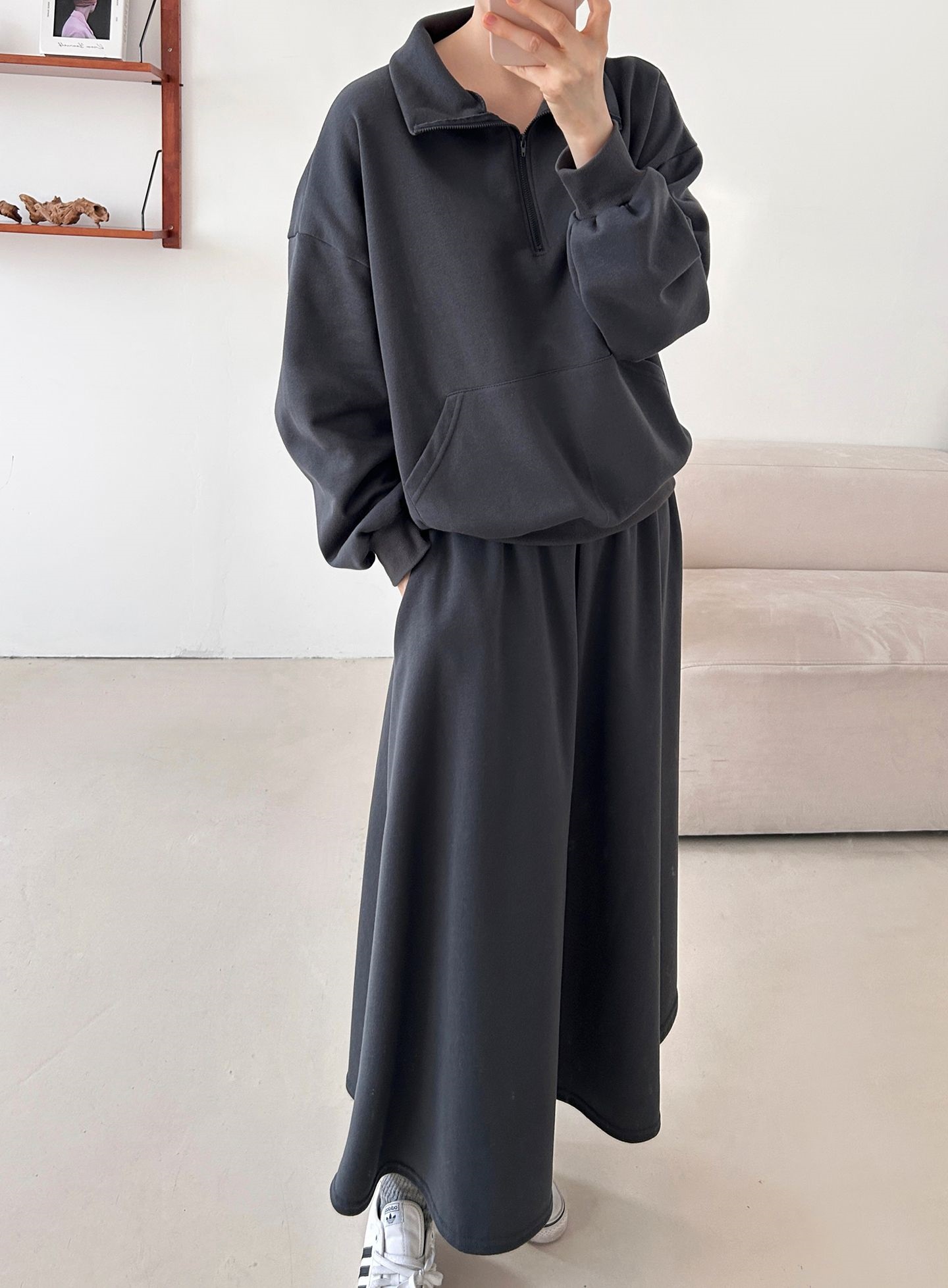 裏起毛ハーフジップウエストゴムロングルーズ長袖ワイドセットアップスカートスウェット | 詳細画像21