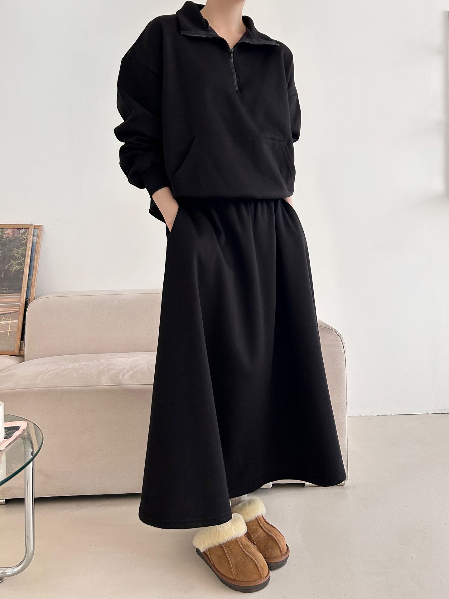 裏起毛ハーフジップウエストゴムロングルーズ長袖ワイドセットアップスカートスウェット | 詳細画像22