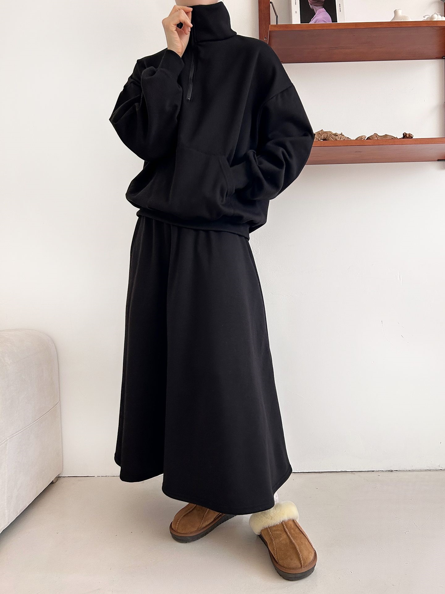 裏起毛ハーフジップウエストゴムロングルーズ長袖ワイドセットアップスカートスウェット | 詳細画像23