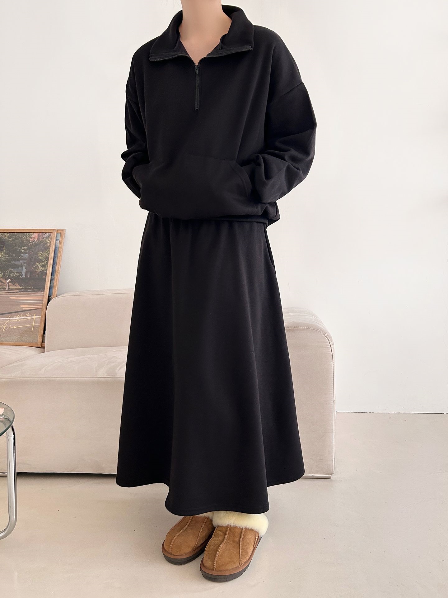 裏起毛ハーフジップウエストゴムロングルーズ長袖ワイドセットアップスカートスウェット | 詳細画像24