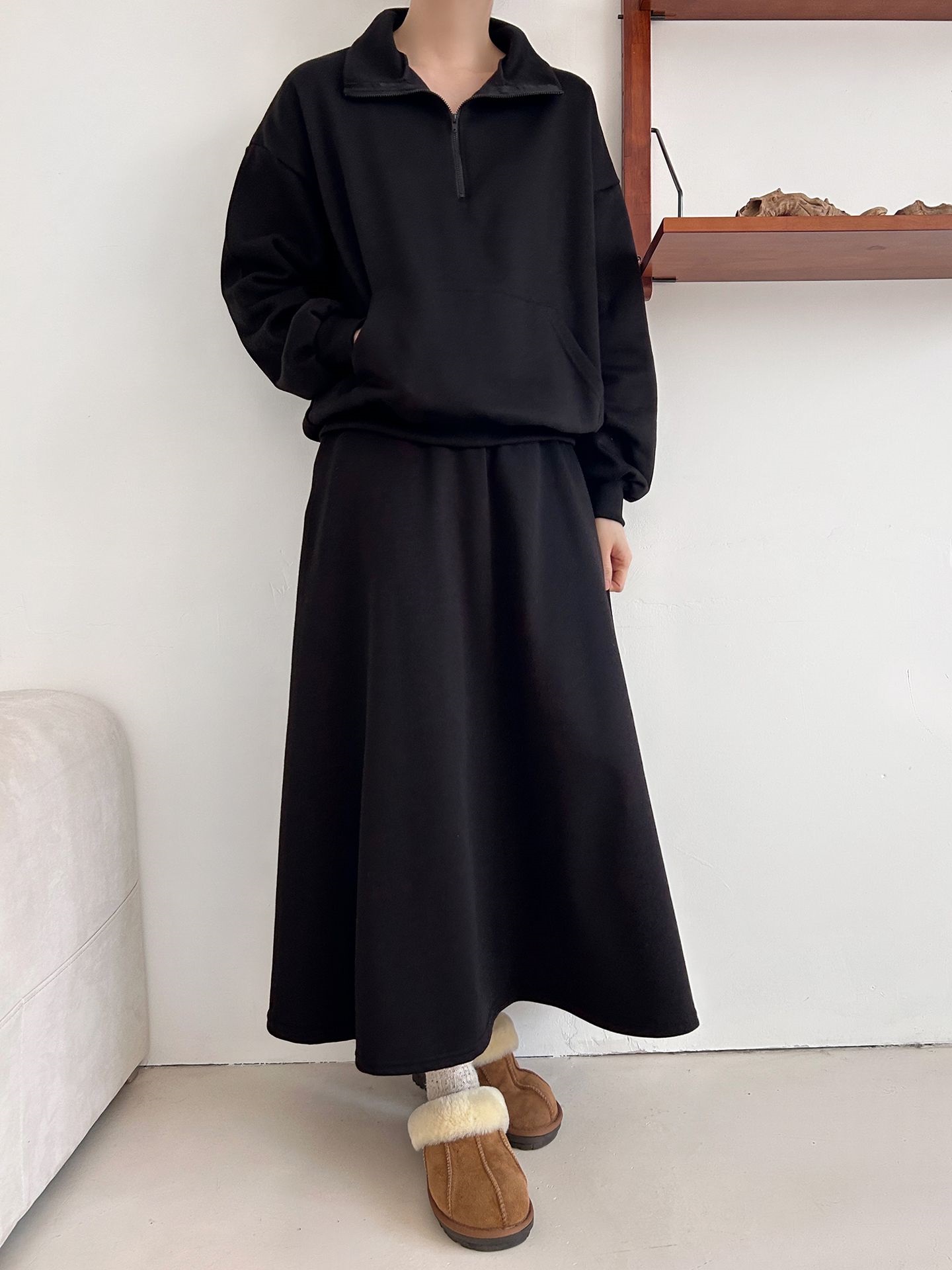 裏起毛ハーフジップウエストゴムロングルーズ長袖ワイドセットアップスカートスウェット | 詳細画像25