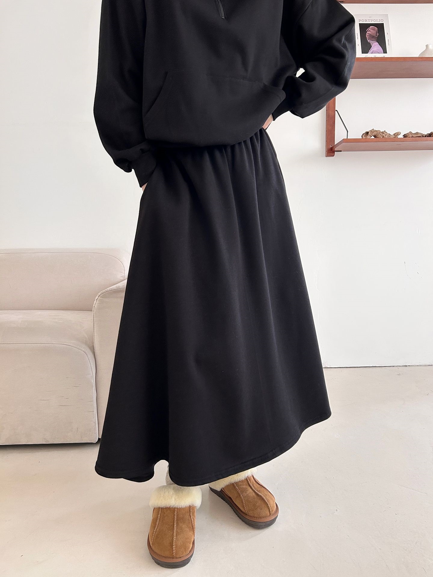 裏起毛ハーフジップウエストゴムロングルーズ長袖ワイドセットアップスカートスウェット | 詳細画像26