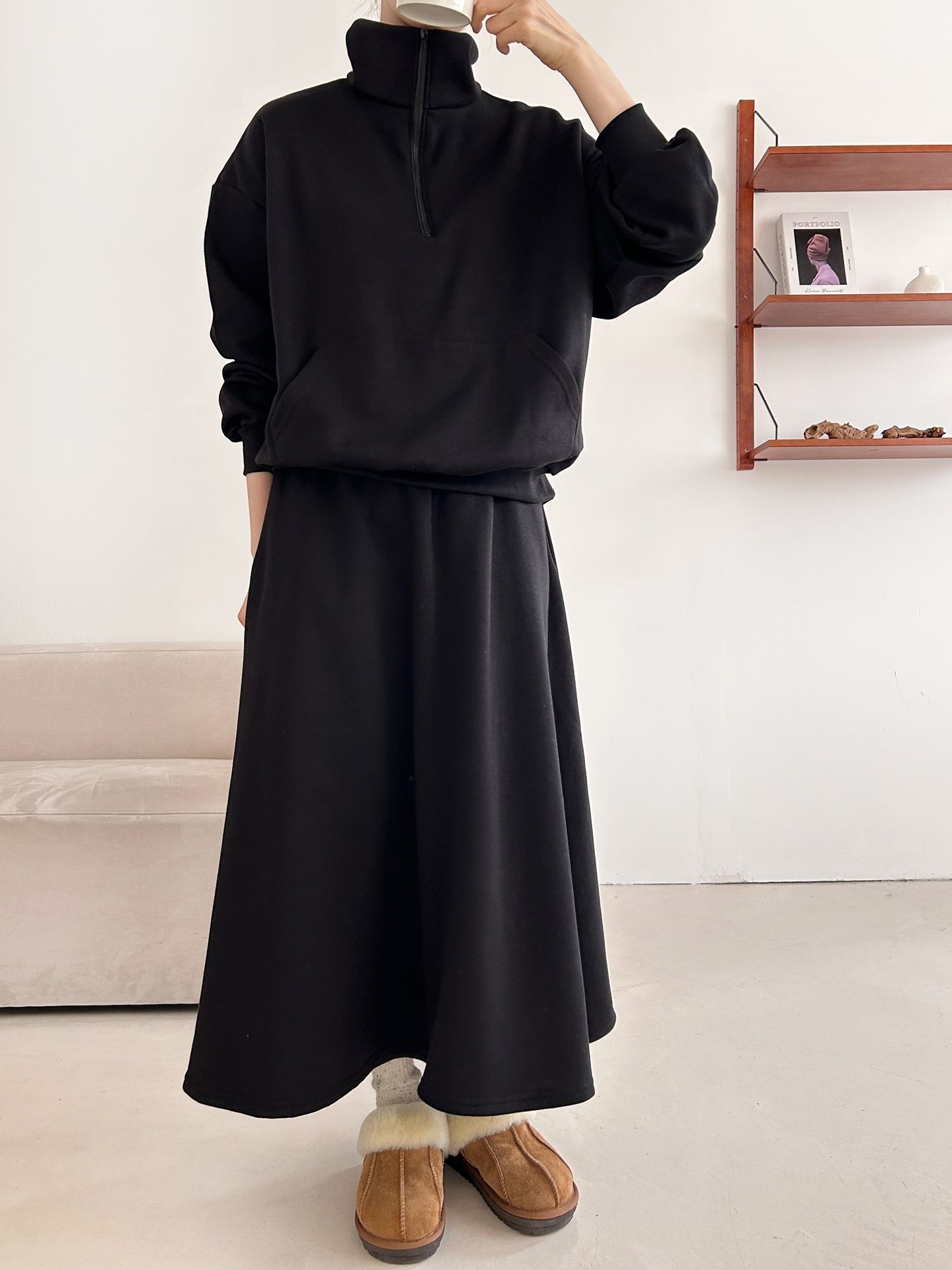 裏起毛ハーフジップウエストゴムロングルーズ長袖ワイドセットアップスカートスウェット | 詳細画像27