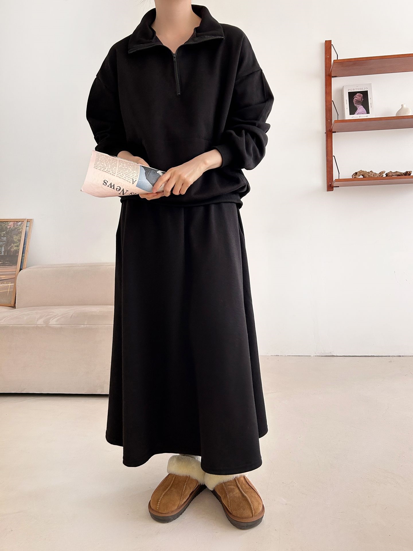 裏起毛ハーフジップウエストゴムロングルーズ長袖ワイドセットアップスカートスウェット | 詳細画像28