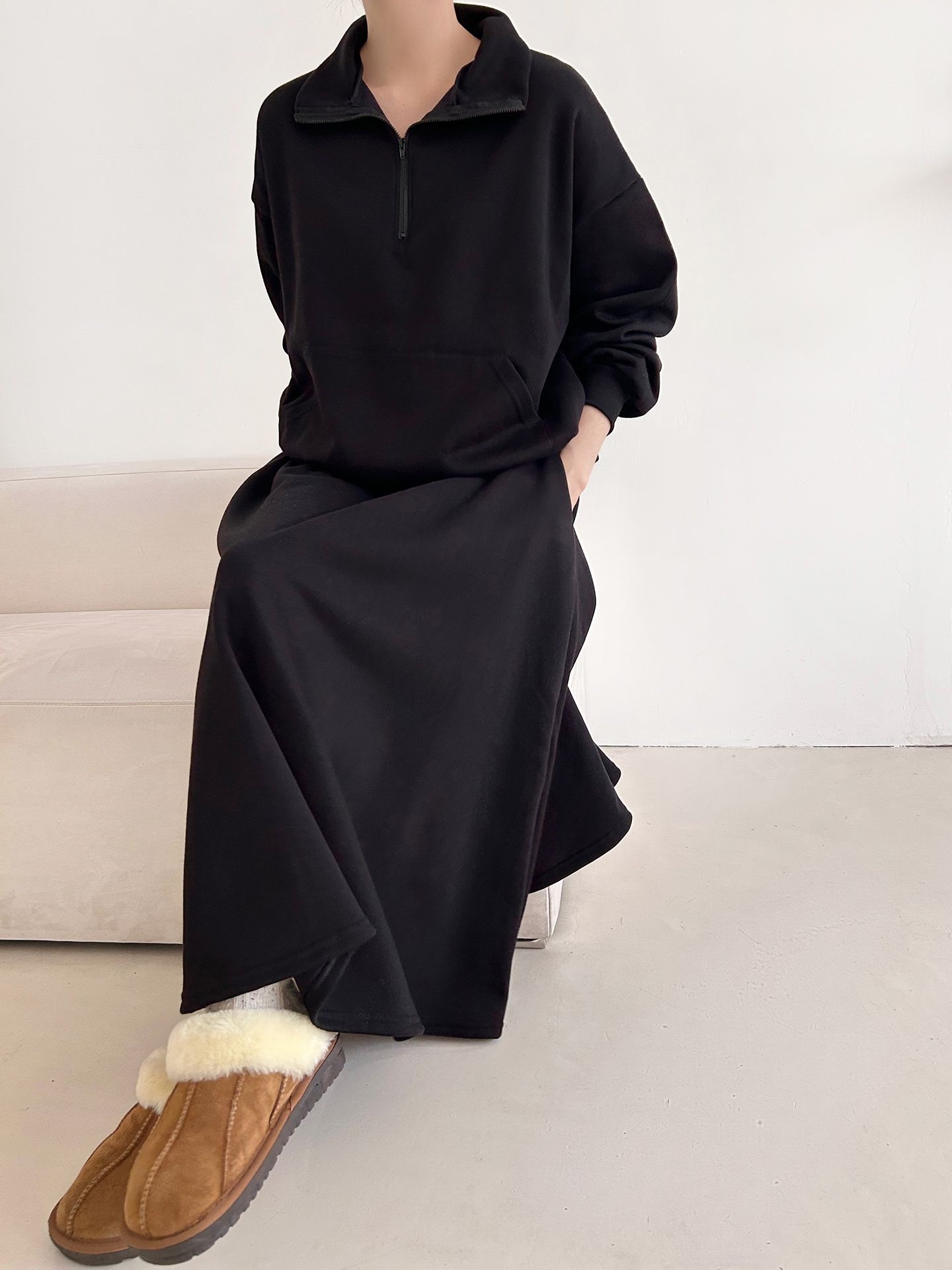 裏起毛ハーフジップウエストゴムロングルーズ長袖ワイドセットアップスカートスウェット | 詳細画像29