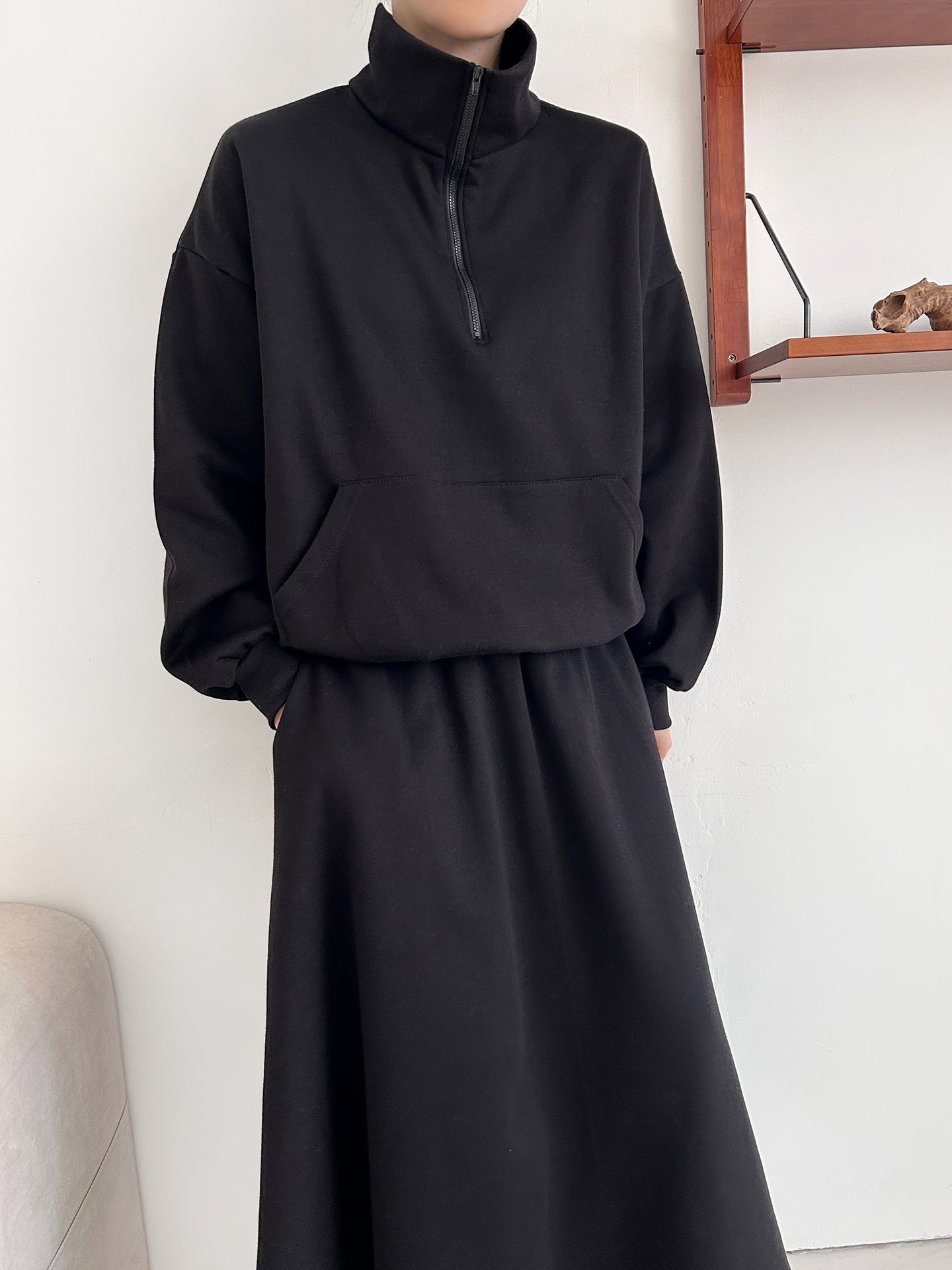 裏起毛ハーフジップウエストゴムロングルーズ長袖ワイドセットアップスカートスウェット | 詳細画像30