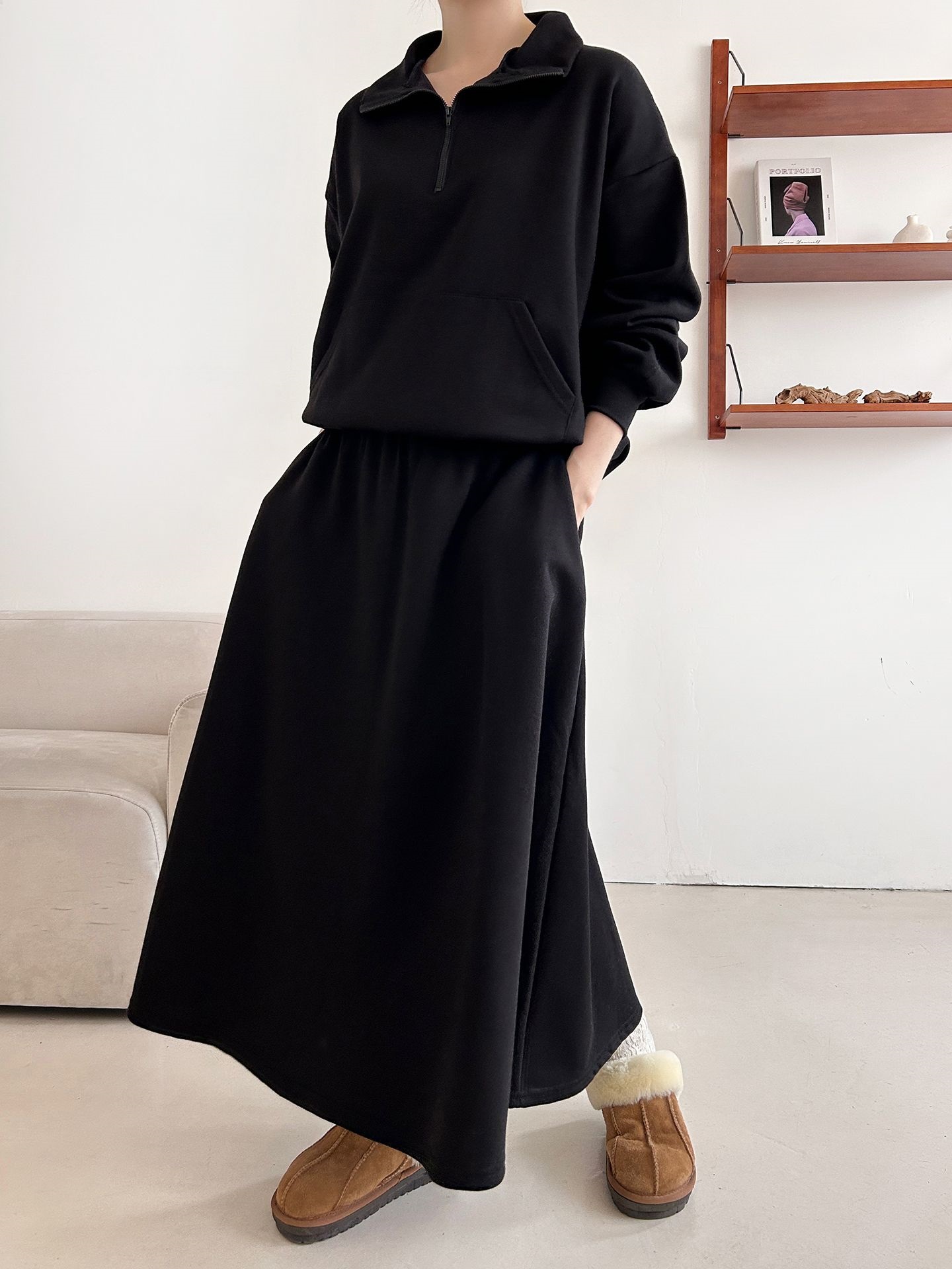 裏起毛ハーフジップウエストゴムロングルーズ長袖ワイドセットアップスカートスウェット | 詳細画像31