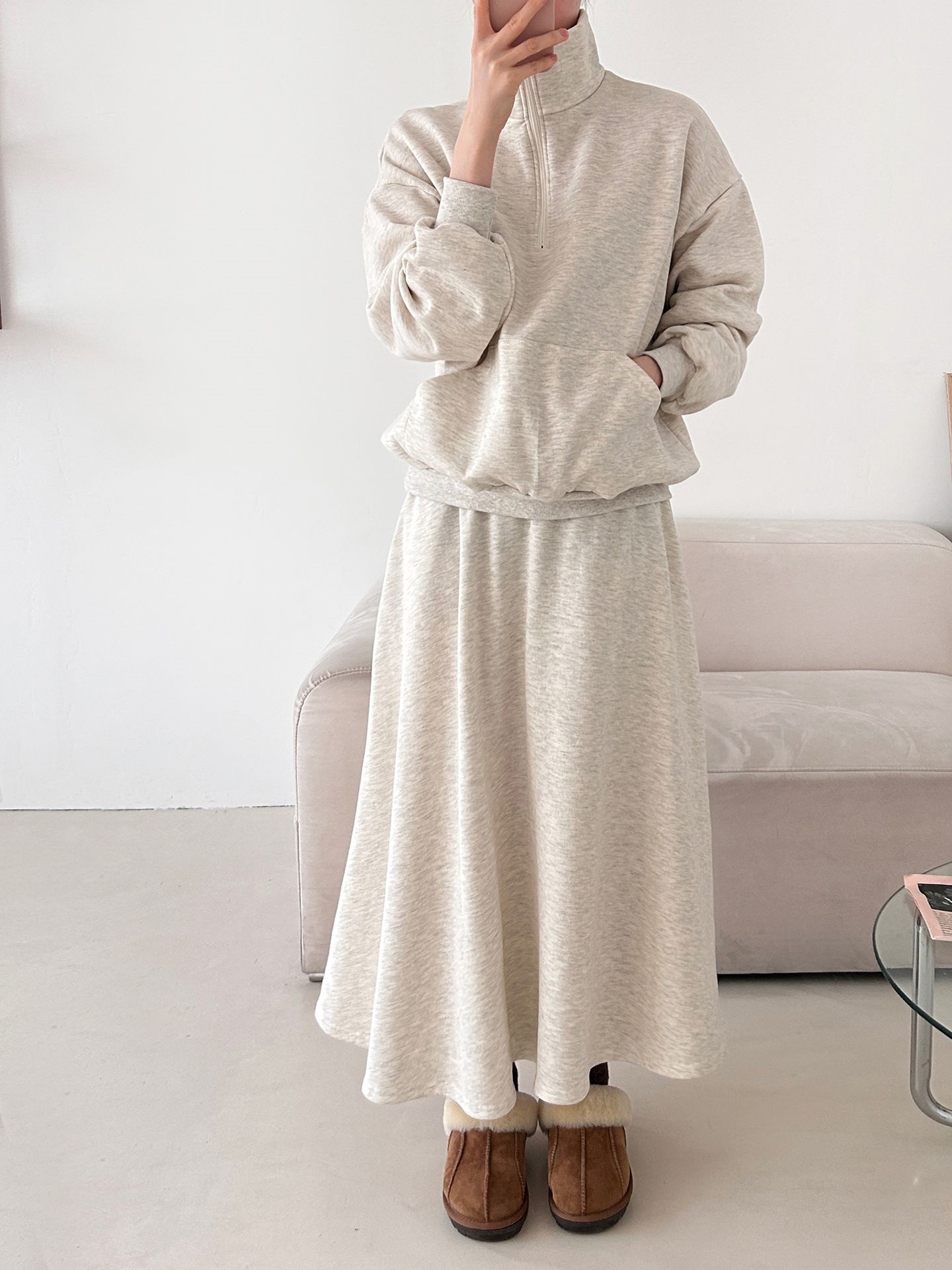 裏起毛ハーフジップウエストゴムロングルーズ長袖ワイドセットアップスカートスウェット | 詳細画像32