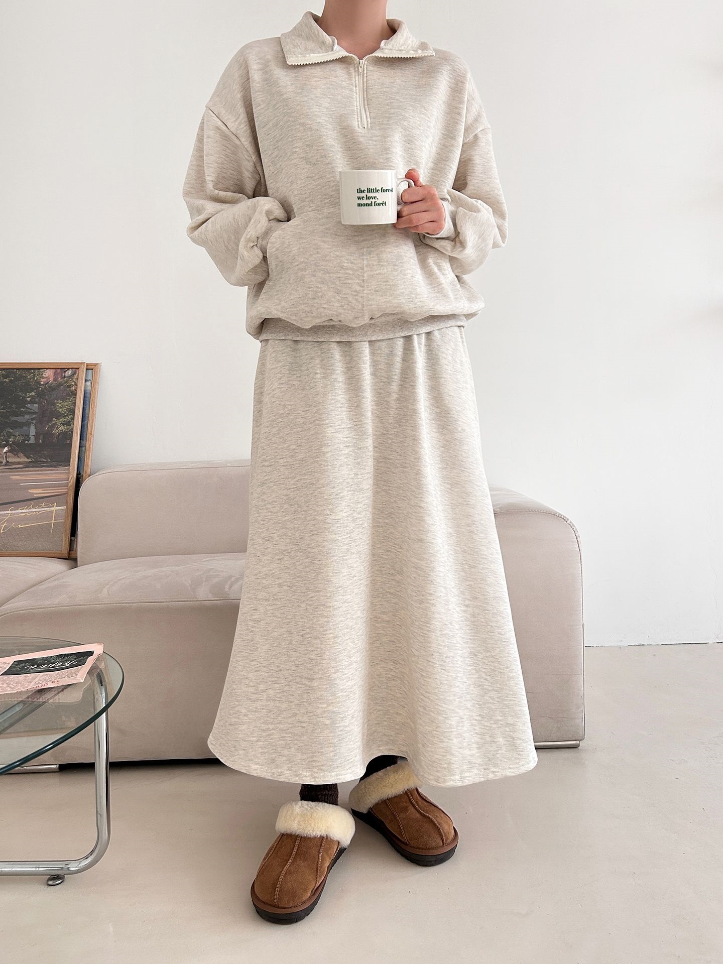 裏起毛ハーフジップウエストゴムロングルーズ長袖ワイドセットアップスカートスウェット | 詳細画像33
