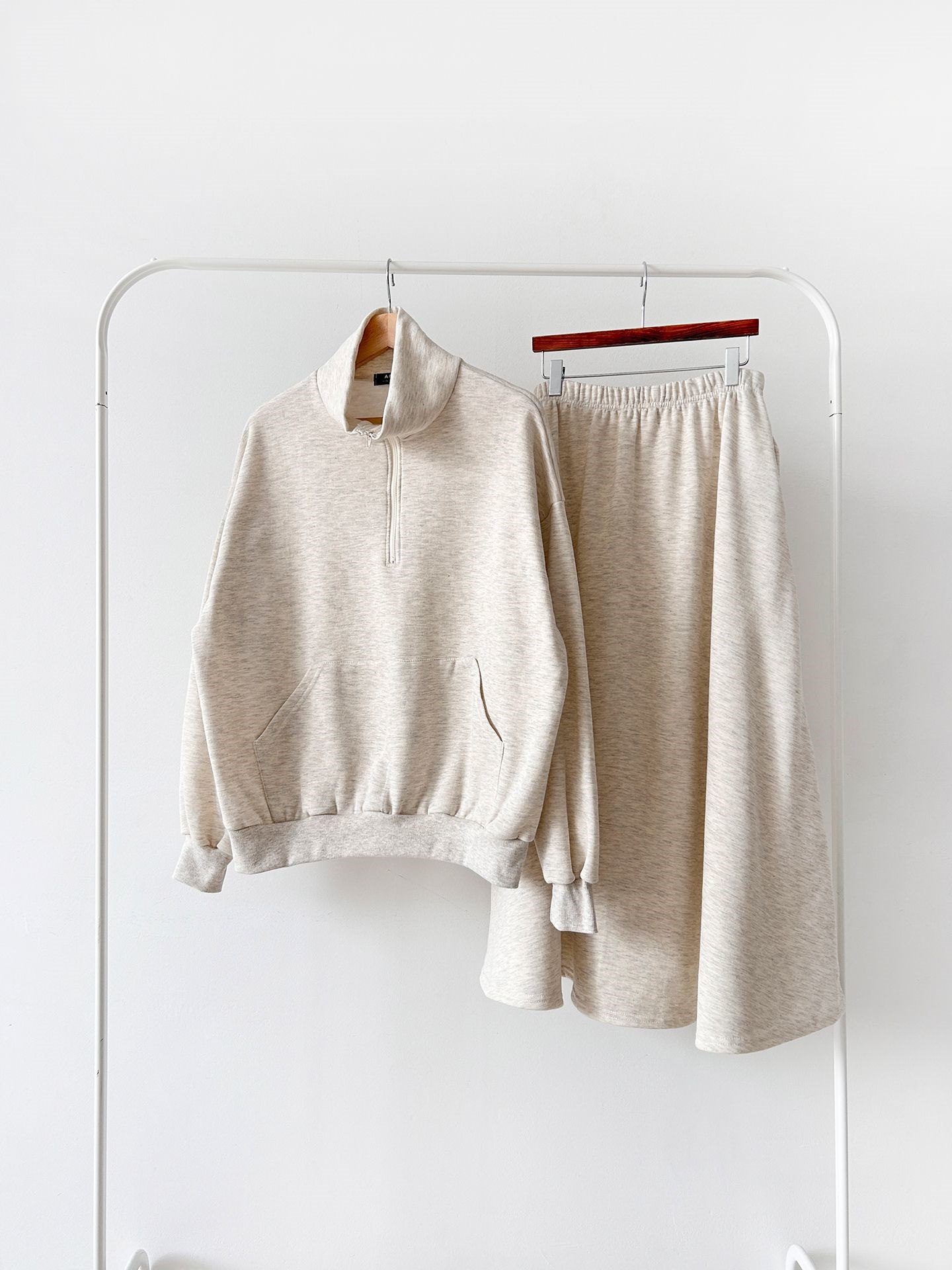 裏起毛ハーフジップウエストゴムロングルーズ長袖ワイドセットアップスカートスウェット | 詳細画像34