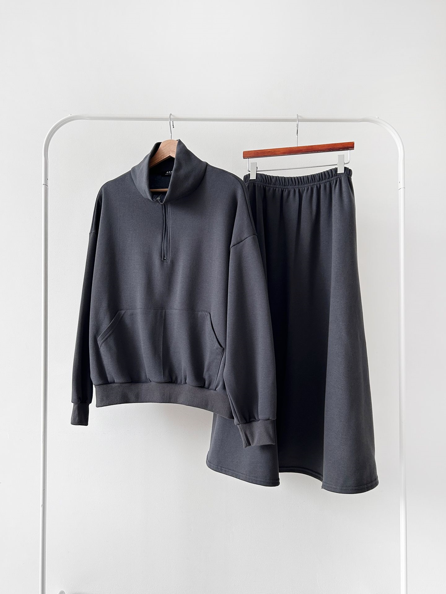 裏起毛ハーフジップウエストゴムロングルーズ長袖ワイドセットアップスカートスウェット | 詳細画像35