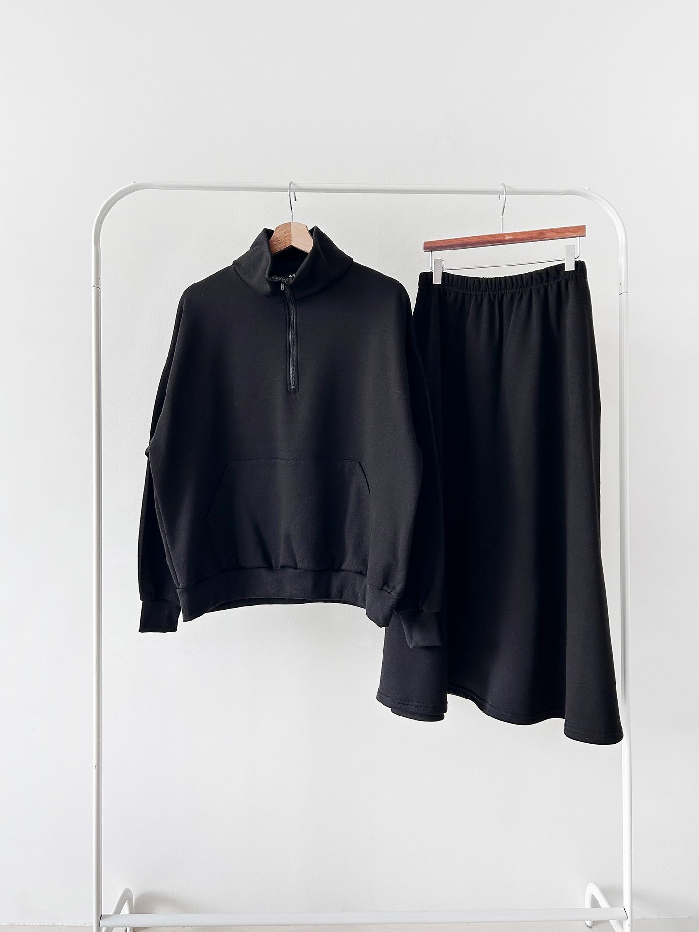 裏起毛ハーフジップウエストゴムロングルーズ長袖ワイドセットアップスカートスウェット | 詳細画像36