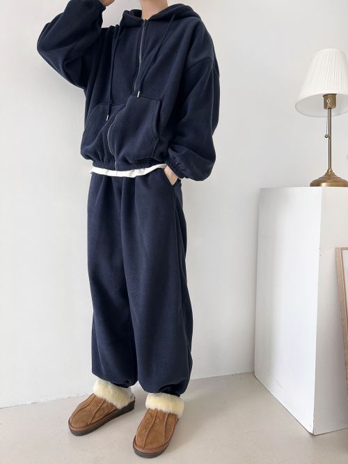 ニットソフトフードポケットダブルジップウエストゴムルーズ長袖ワイド