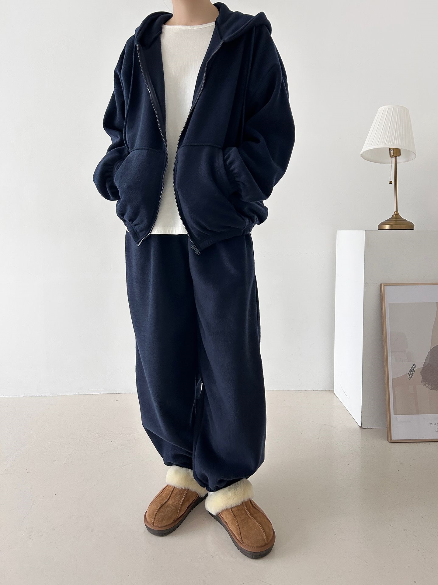 両起毛ジップアップフードウエストゴム長袖セットアップパンツジップパーカートレーニング | 詳細画像2