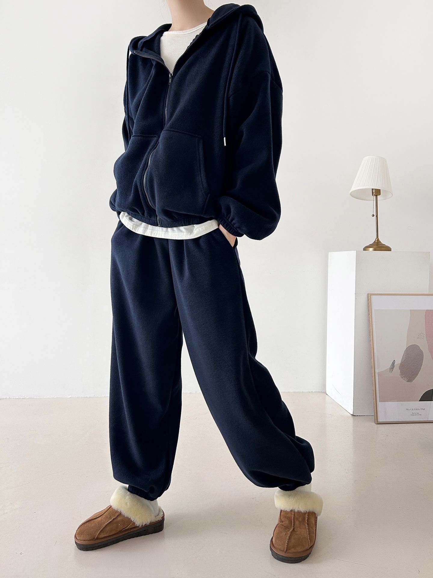 両起毛ジップアップフードウエストゴム長袖セットアップパンツジップパーカートレーニング | 詳細画像12