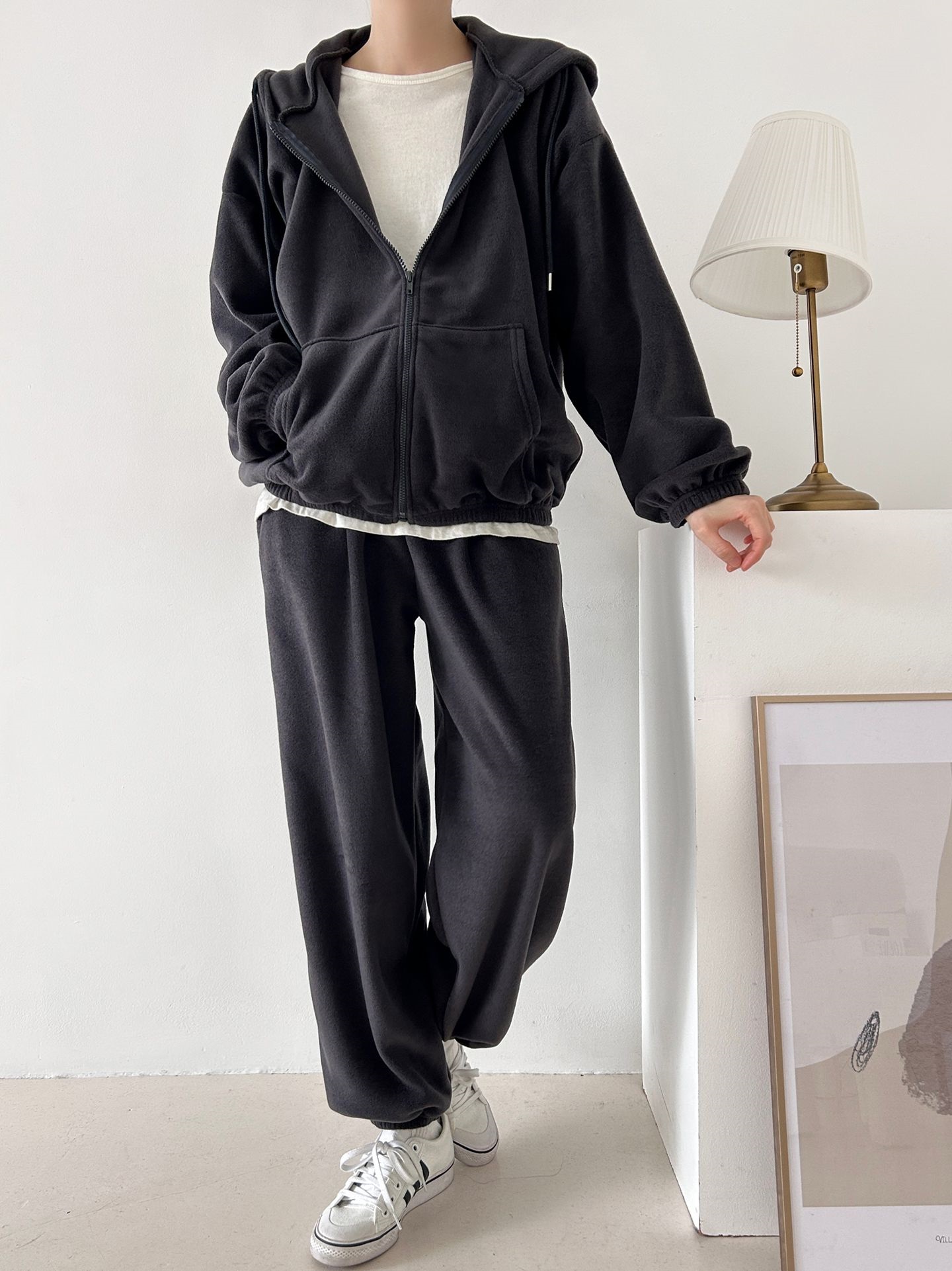 両起毛ジップアップフードウエストゴム長袖セットアップパンツジップパーカートレーニング | 詳細画像18