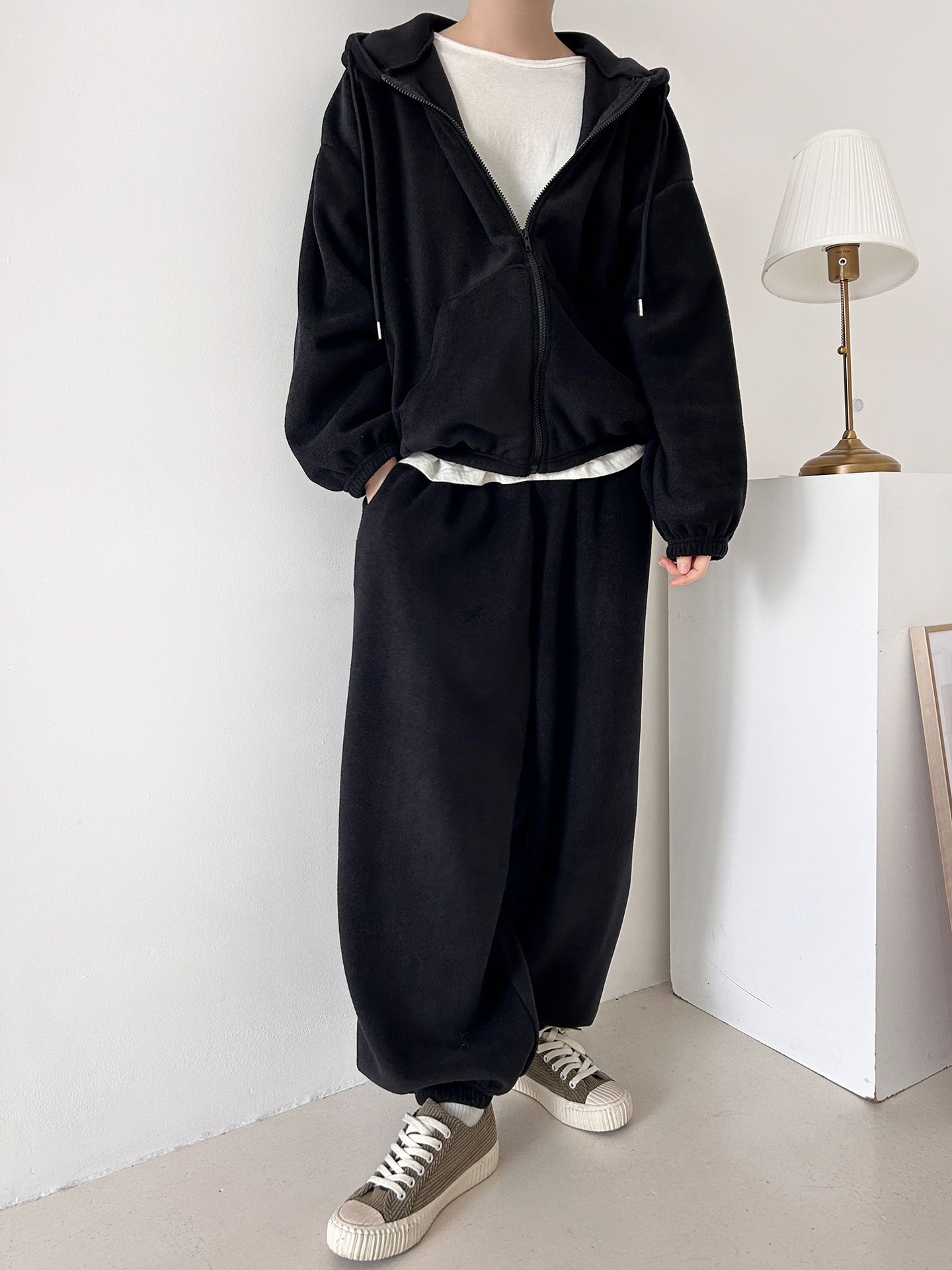 両起毛ジップアップフードウエストゴム長袖セットアップパンツジップパーカートレーニング | 詳細画像25