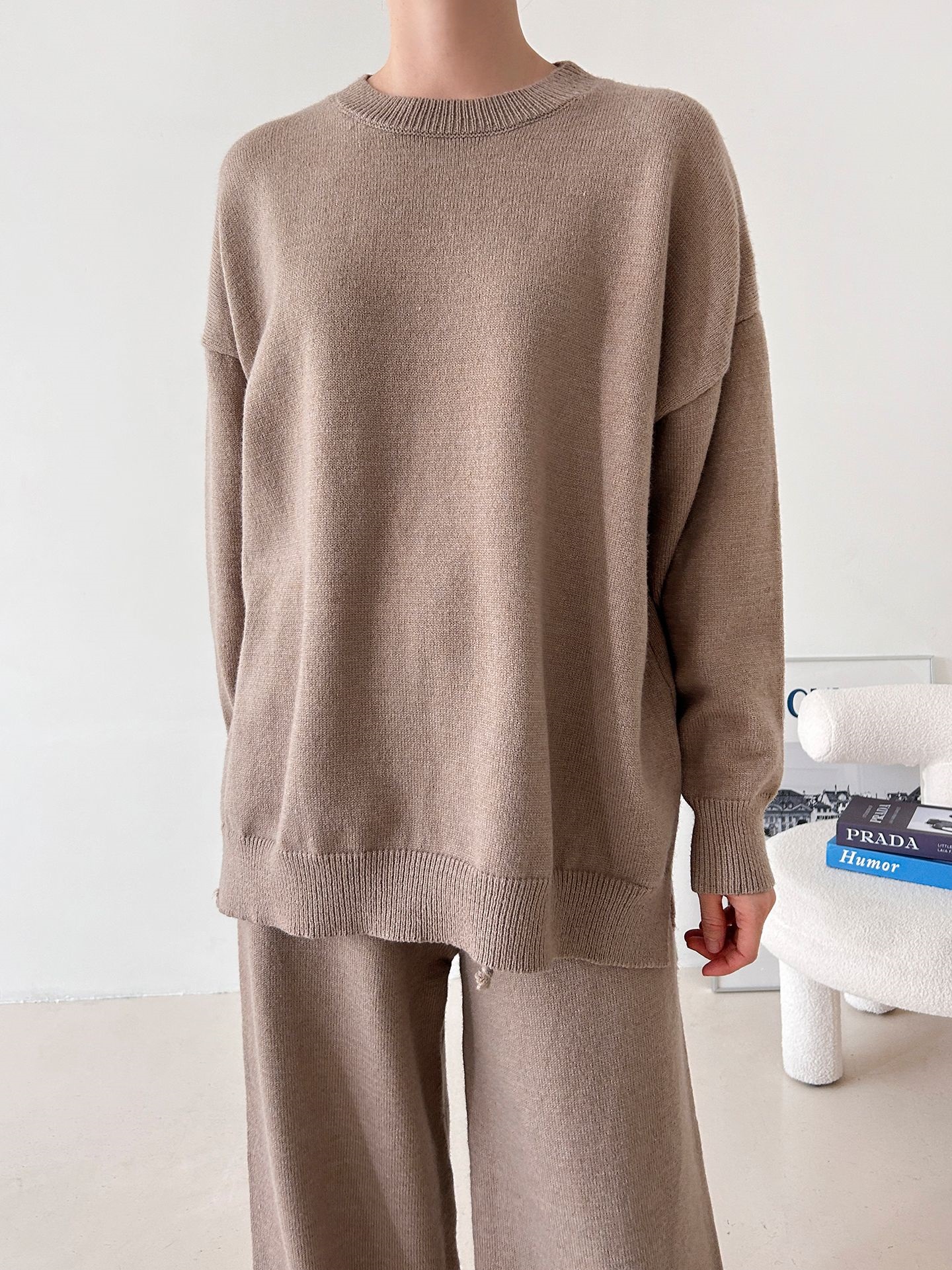 ラウンドネックウエストゴムロングルーズ長袖セットアップパンツニット | 詳細画像2