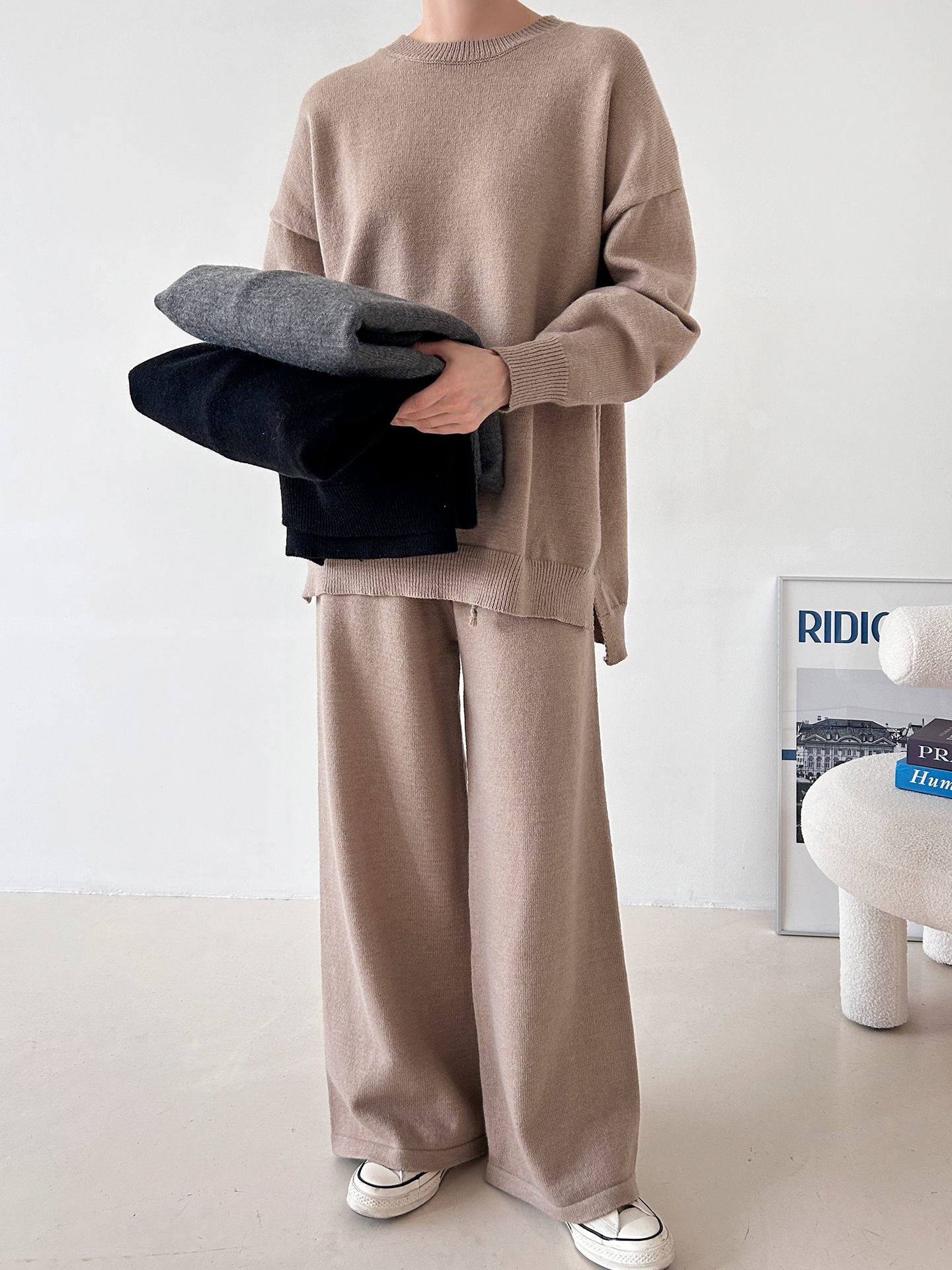 ラウンドネックウエストゴムロングルーズ長袖セットアップパンツニット | 詳細画像3