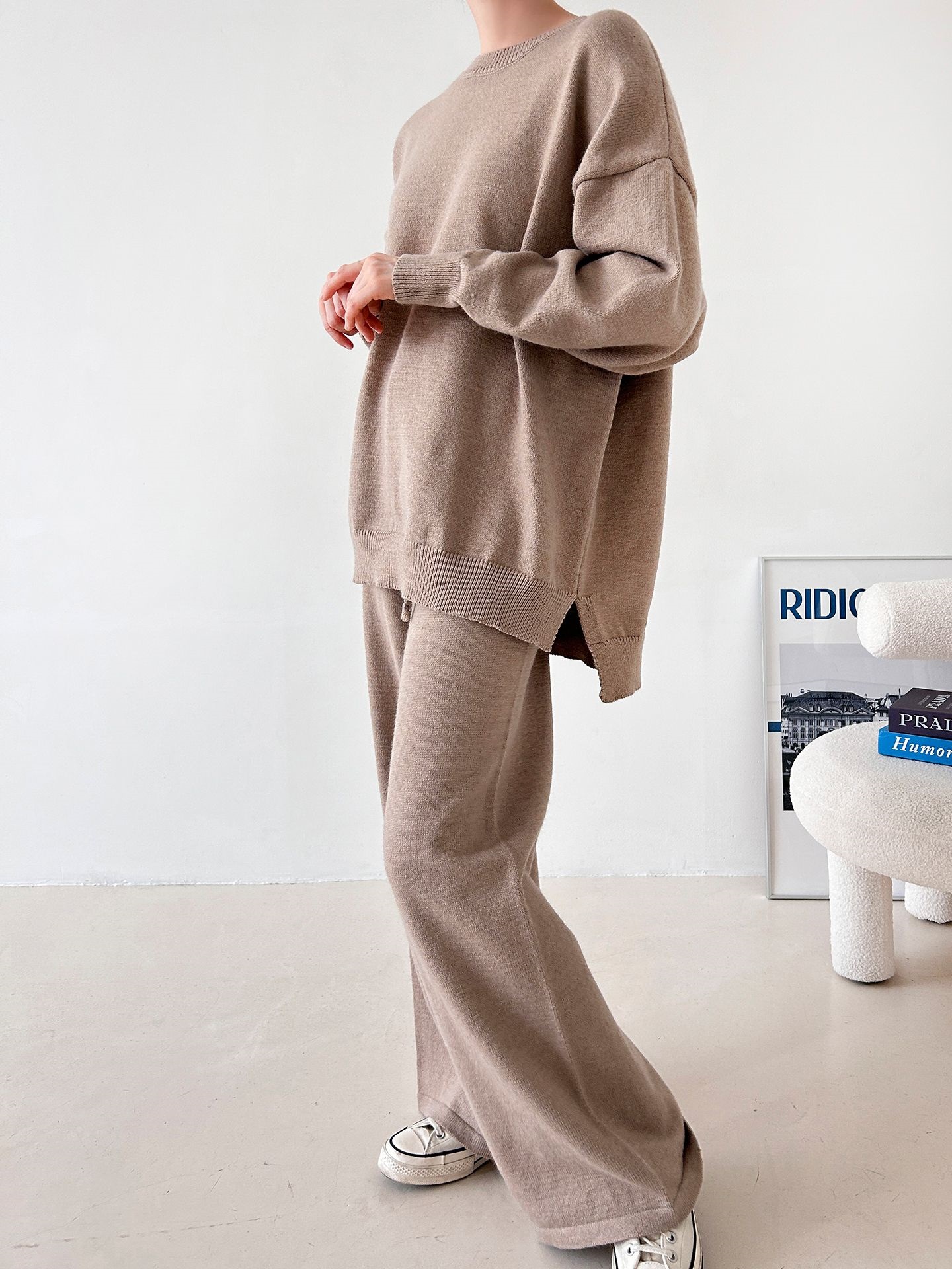 ラウンドネックウエストゴムロングルーズ長袖セットアップパンツニット | 詳細画像4