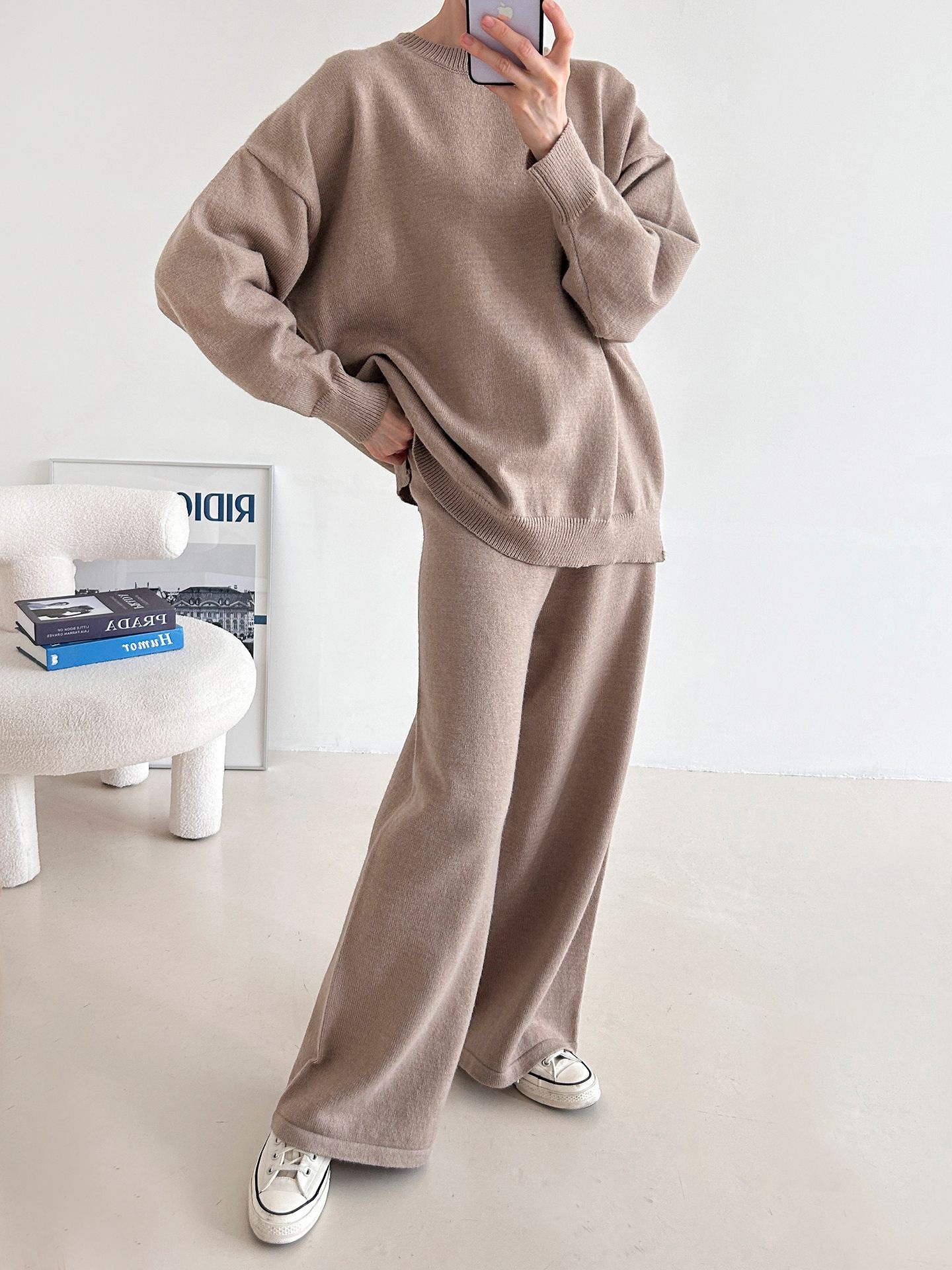 ラウンドネックウエストゴムロングルーズ長袖セットアップパンツニット | 詳細画像5