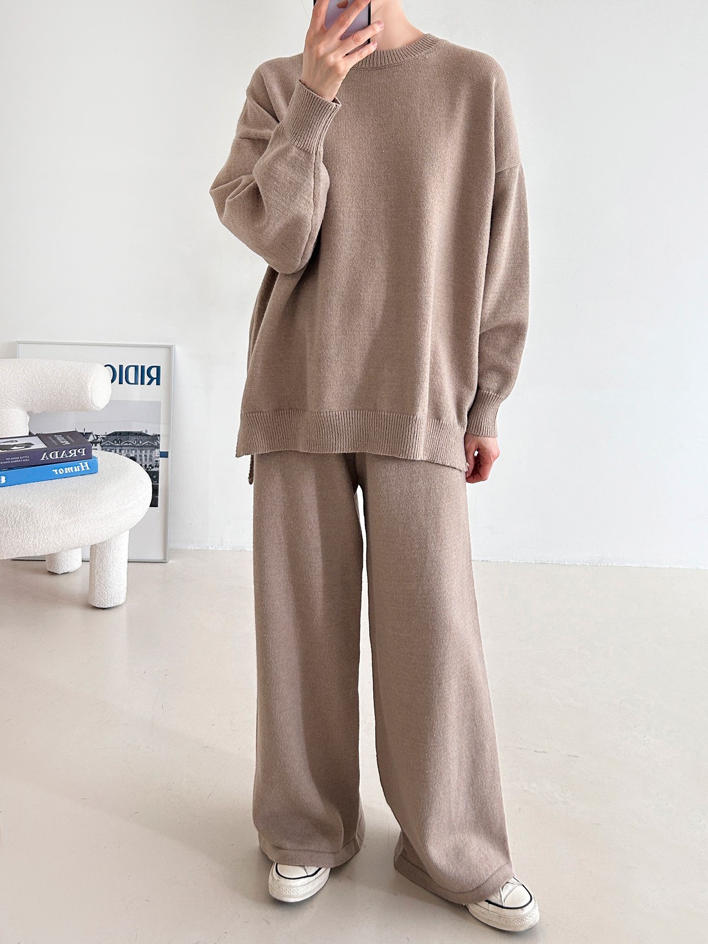 ラウンドネックウエストゴムロングルーズ長袖セットアップパンツニット | 詳細画像7