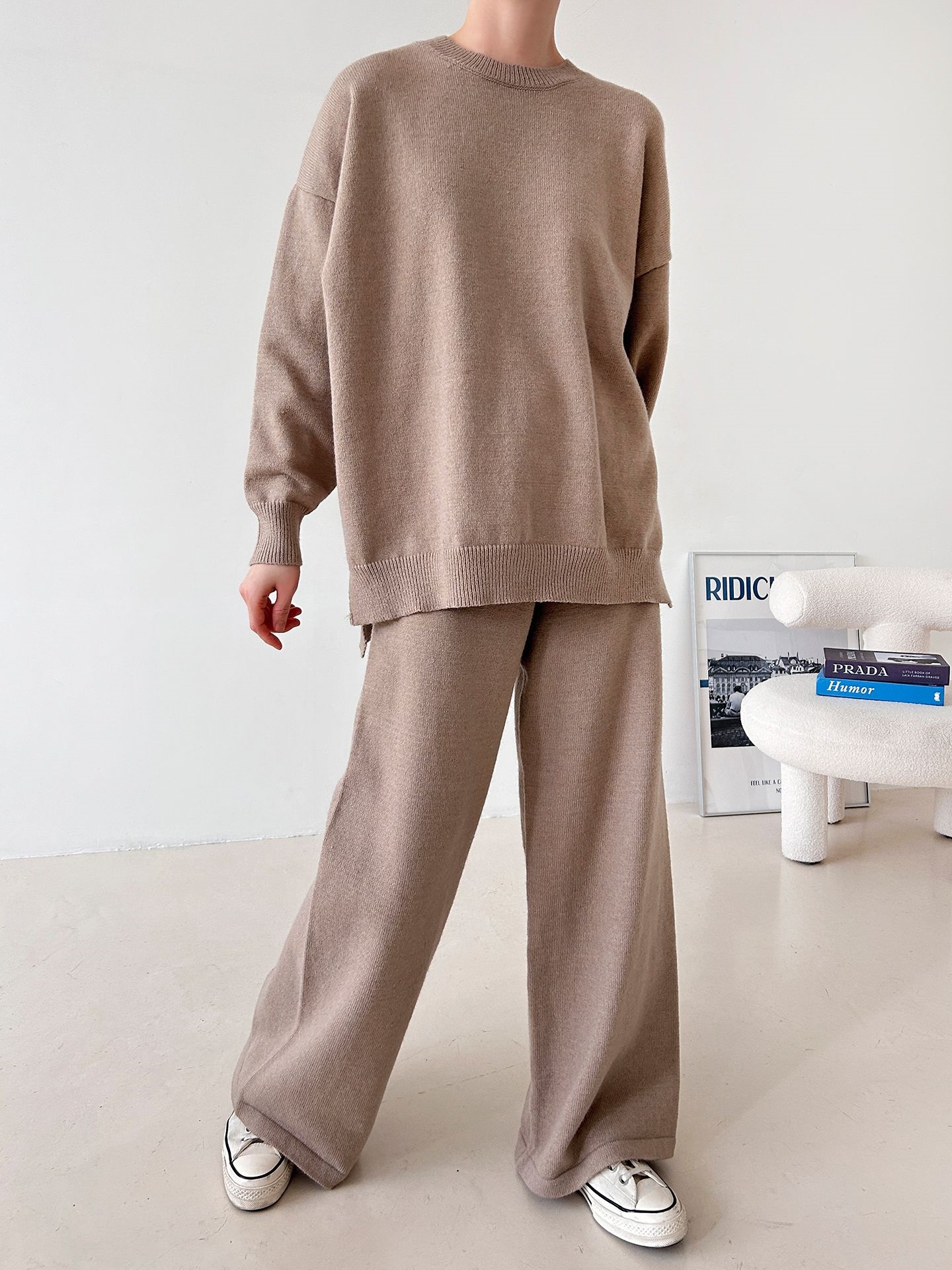 ラウンドネックウエストゴムロングルーズ長袖セットアップパンツニット | 詳細画像8