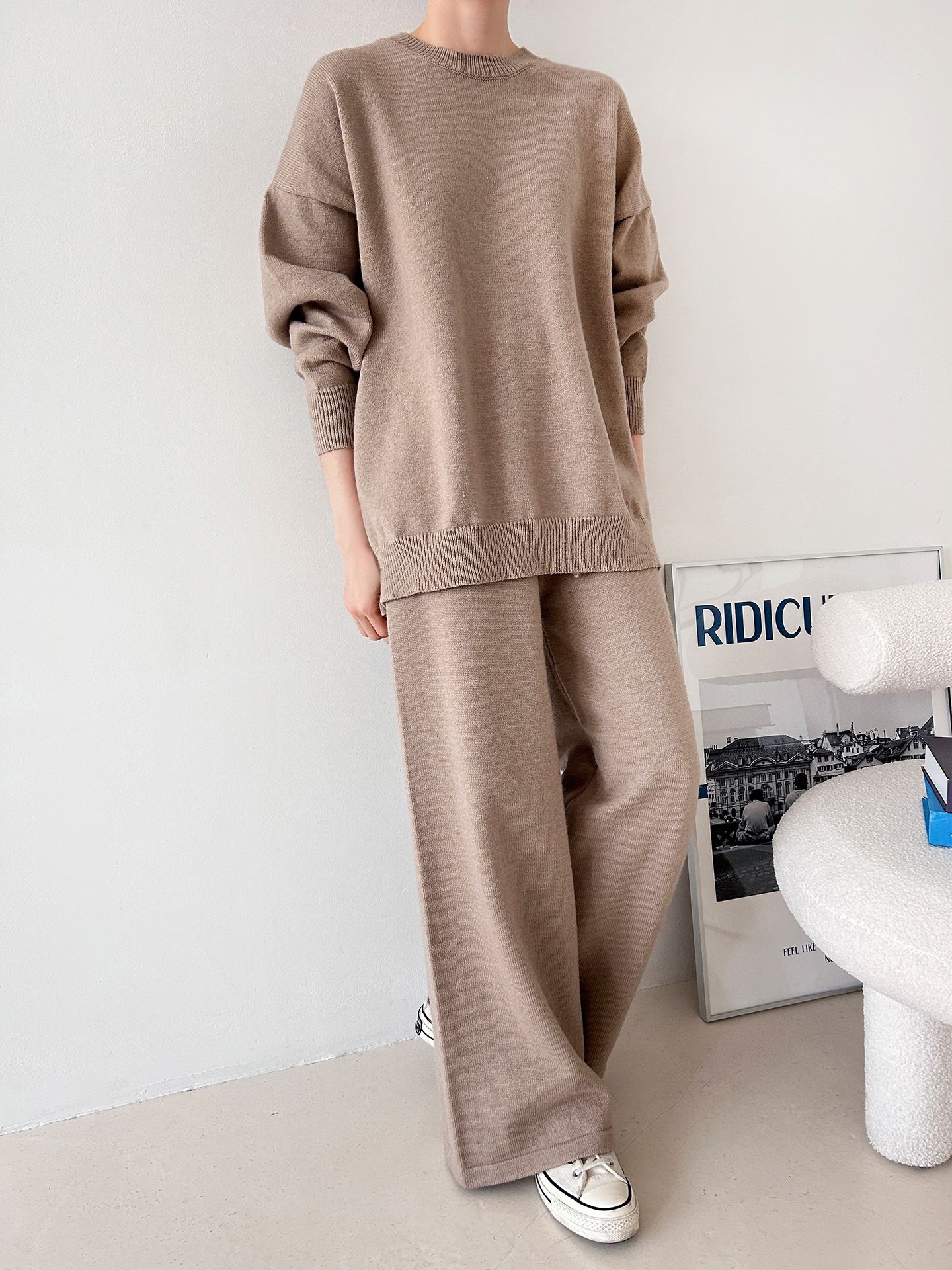 ラウンドネックウエストゴムロングルーズ長袖セットアップパンツニット | 詳細画像9