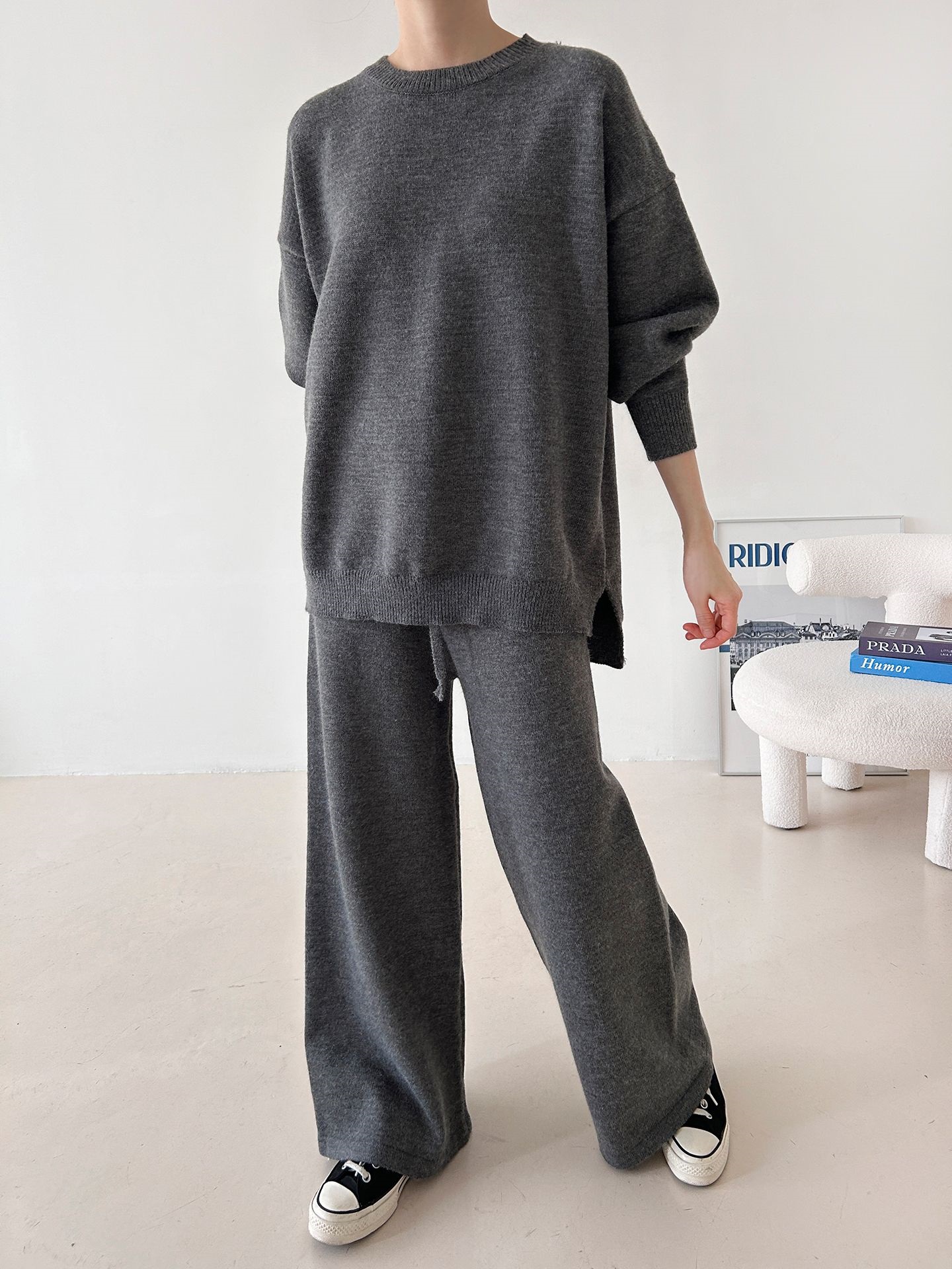 ラウンドネックウエストゴムロングルーズ長袖セットアップパンツニット | 詳細画像14