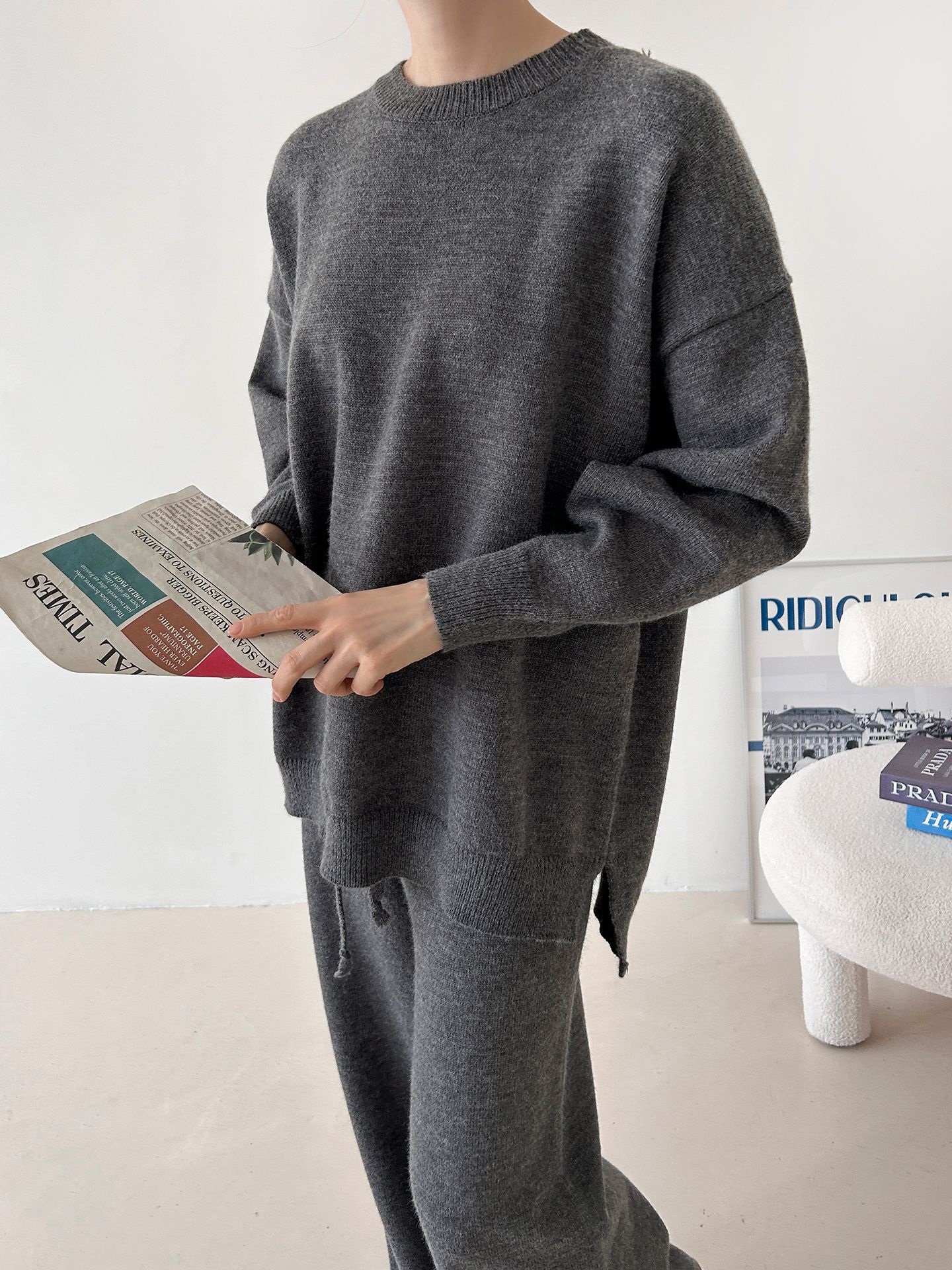 ラウンドネックウエストゴムロングルーズ長袖セットアップパンツニット | 詳細画像16