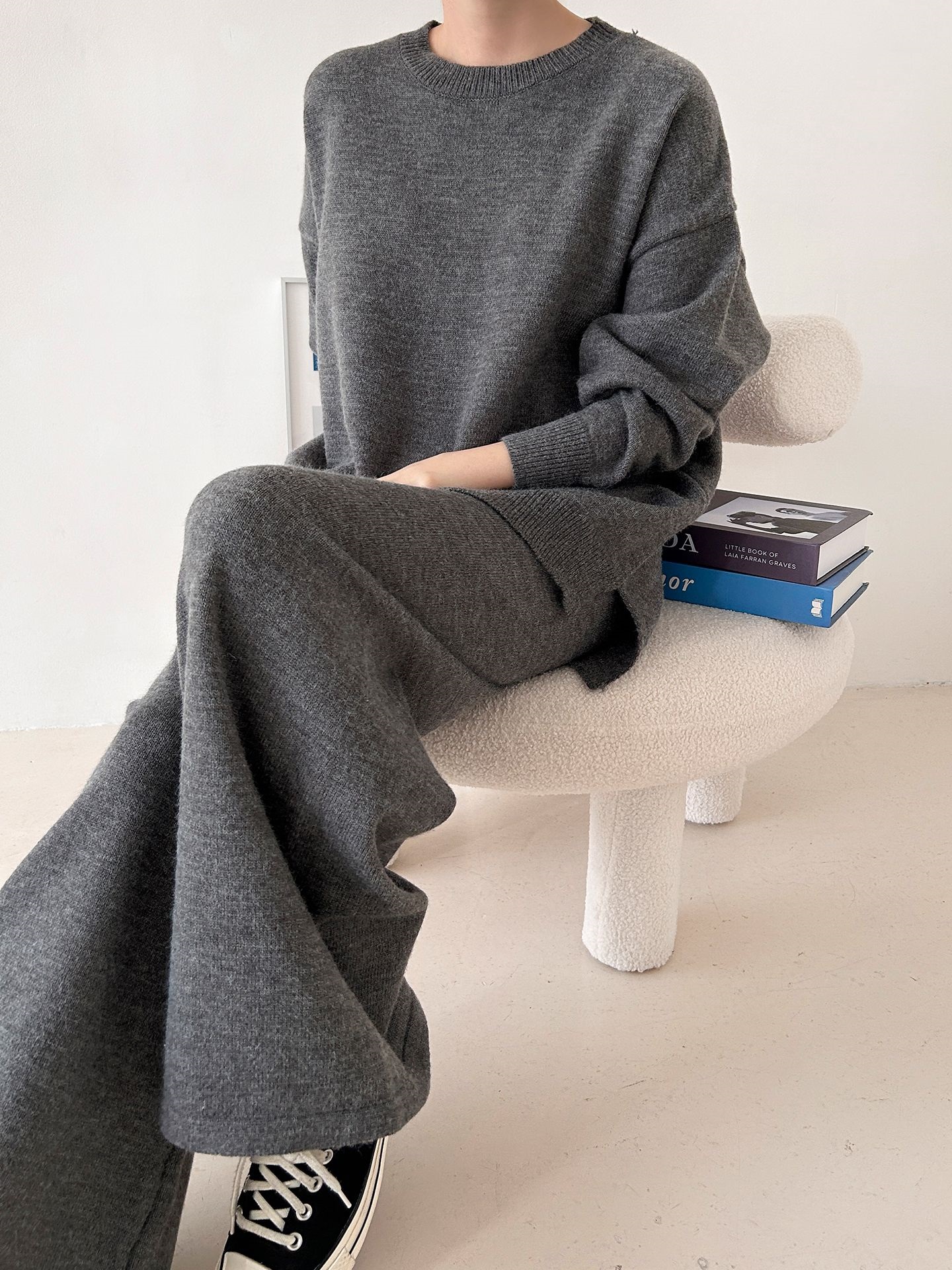 ラウンドネックウエストゴムロングルーズ長袖セットアップパンツニット | 詳細画像18