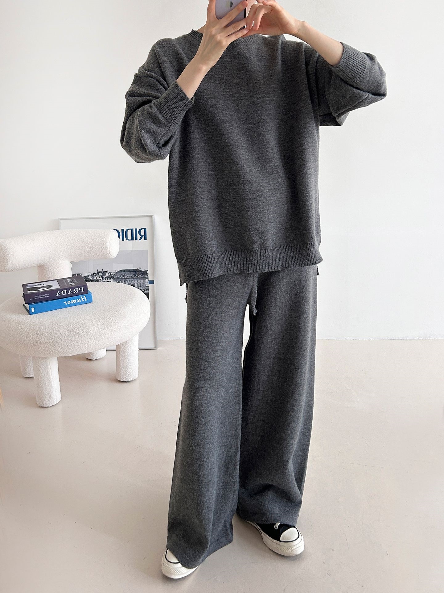 ラウンドネックウエストゴムロングルーズ長袖セットアップパンツニット | 詳細画像20