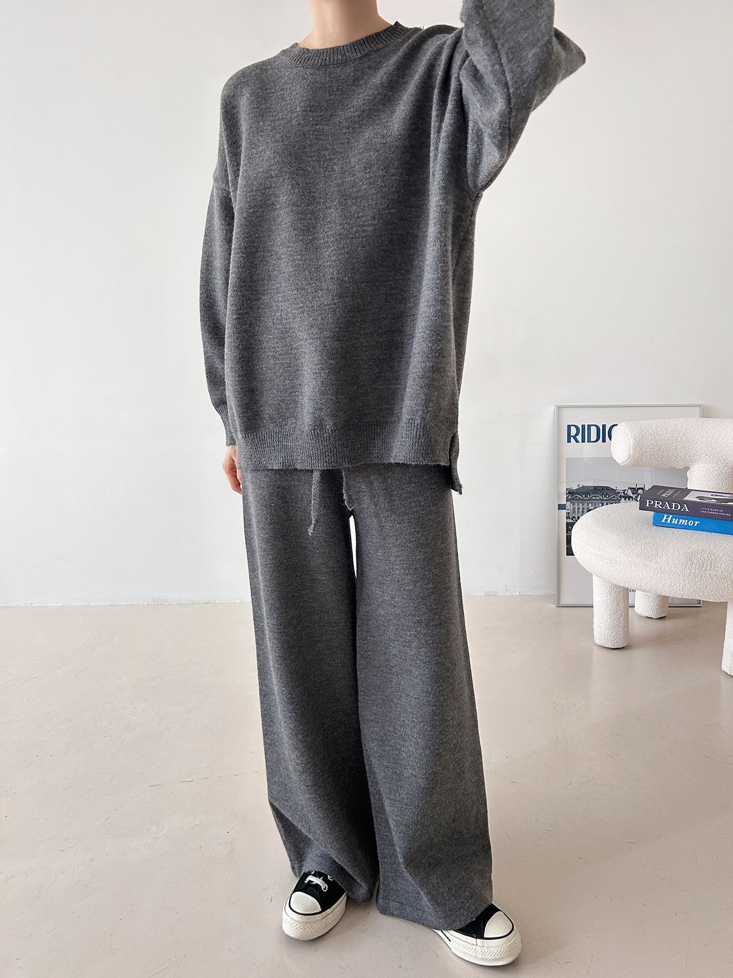 ラウンドネックウエストゴムロングルーズ長袖セットアップパンツニット | 詳細画像21