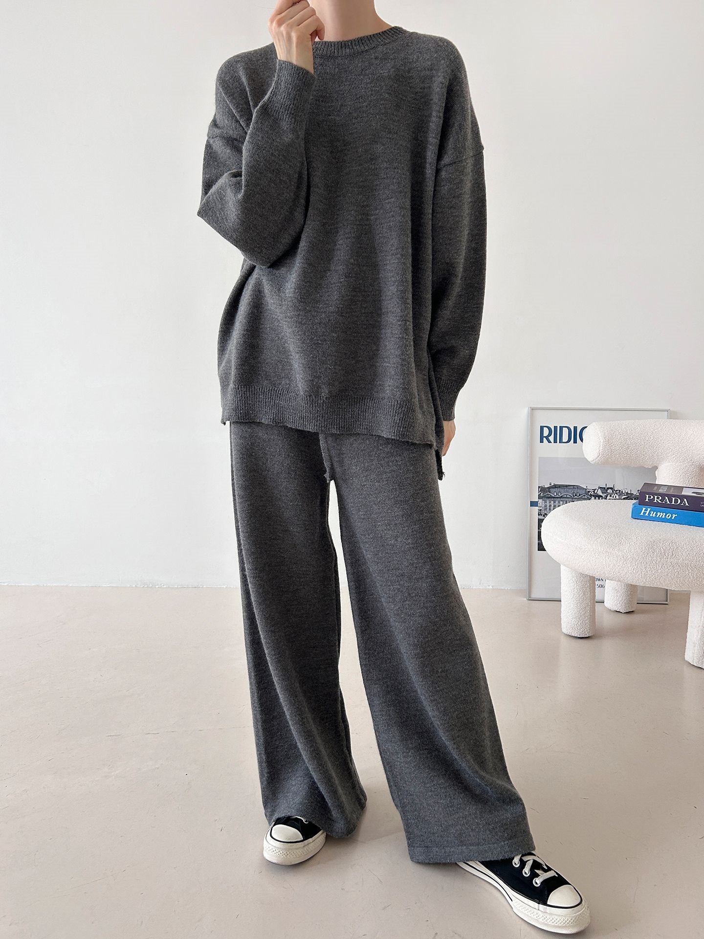 ラウンドネックウエストゴムロングルーズ長袖セットアップパンツニット | 詳細画像22