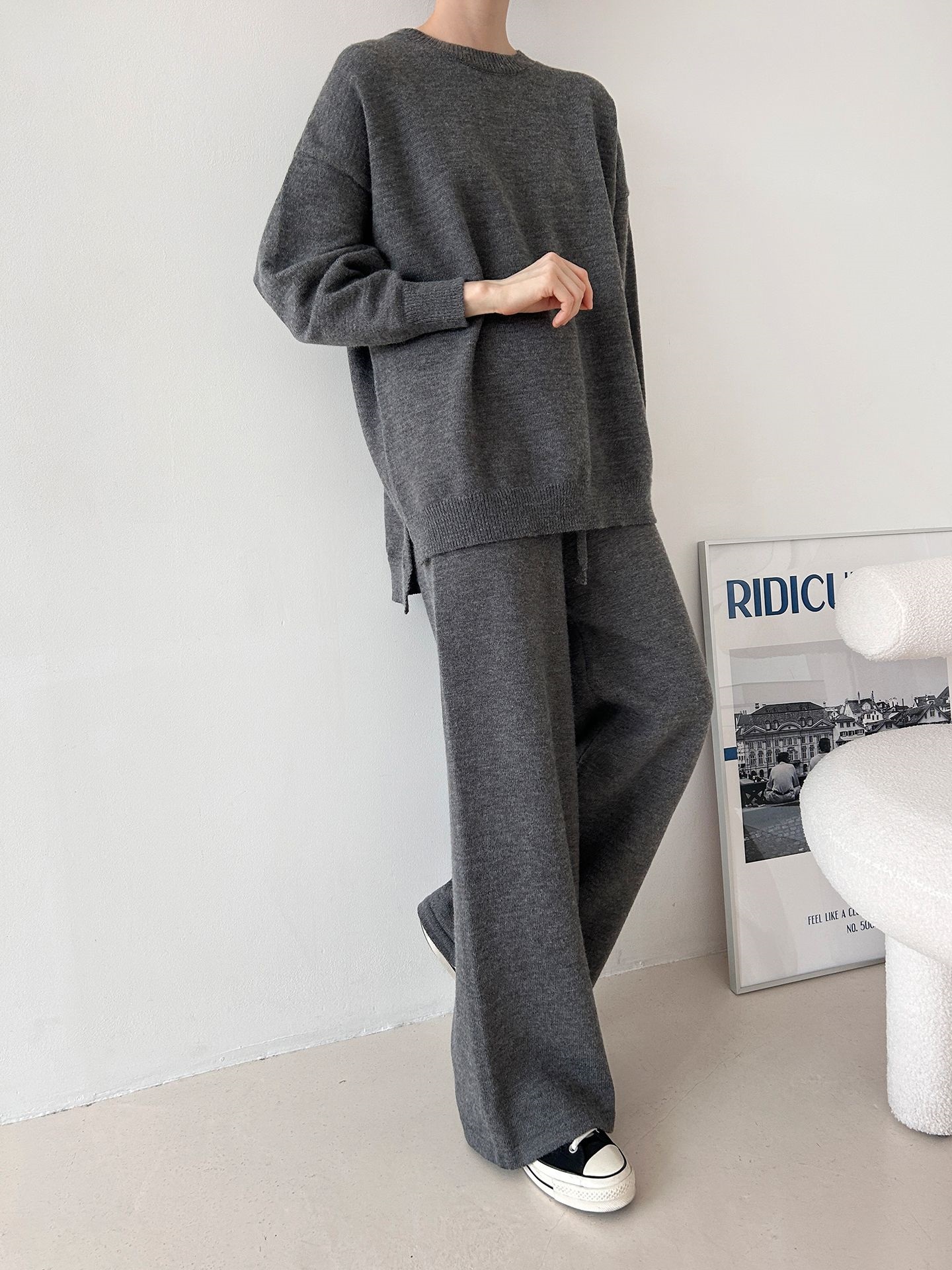 ラウンドネックウエストゴムロングルーズ長袖セットアップパンツニット | 詳細画像24