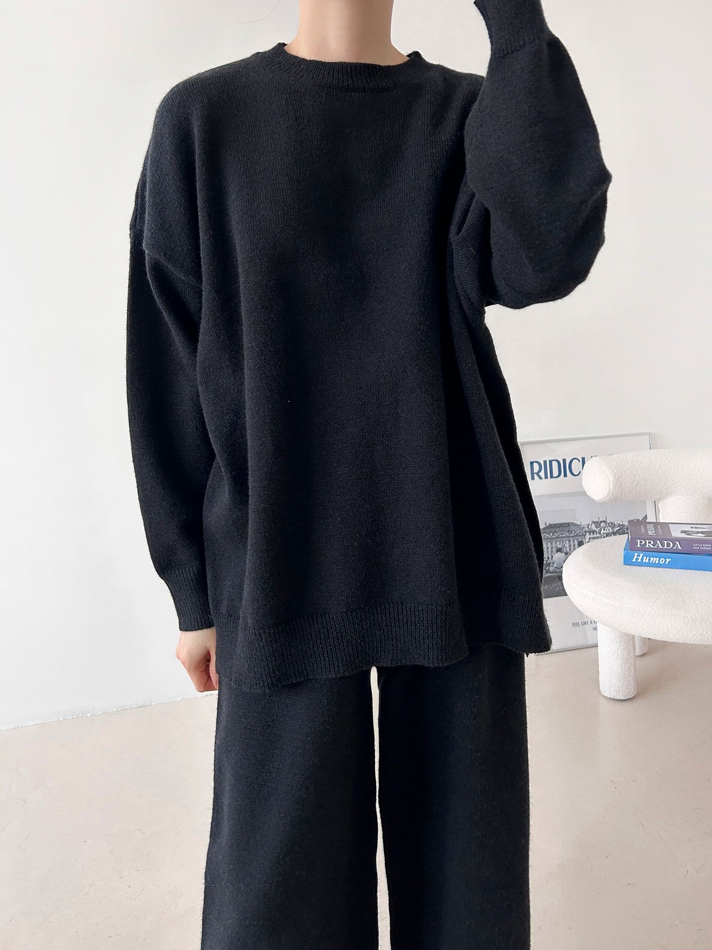 ラウンドネックウエストゴムロングルーズ長袖セットアップパンツニット | 詳細画像28