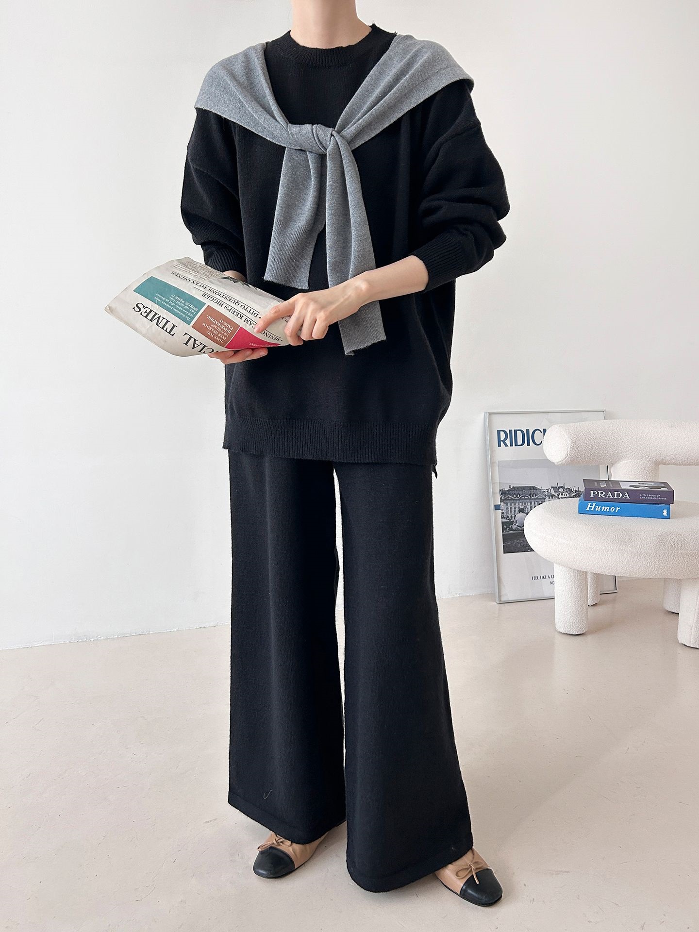 ラウンドネックウエストゴムロングルーズ長袖セットアップパンツニット | 詳細画像30