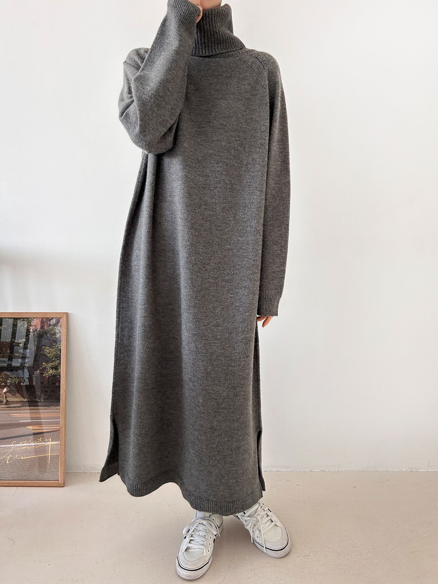 ニットタートルネックロングルーズ長袖ワンピース | 詳細画像2