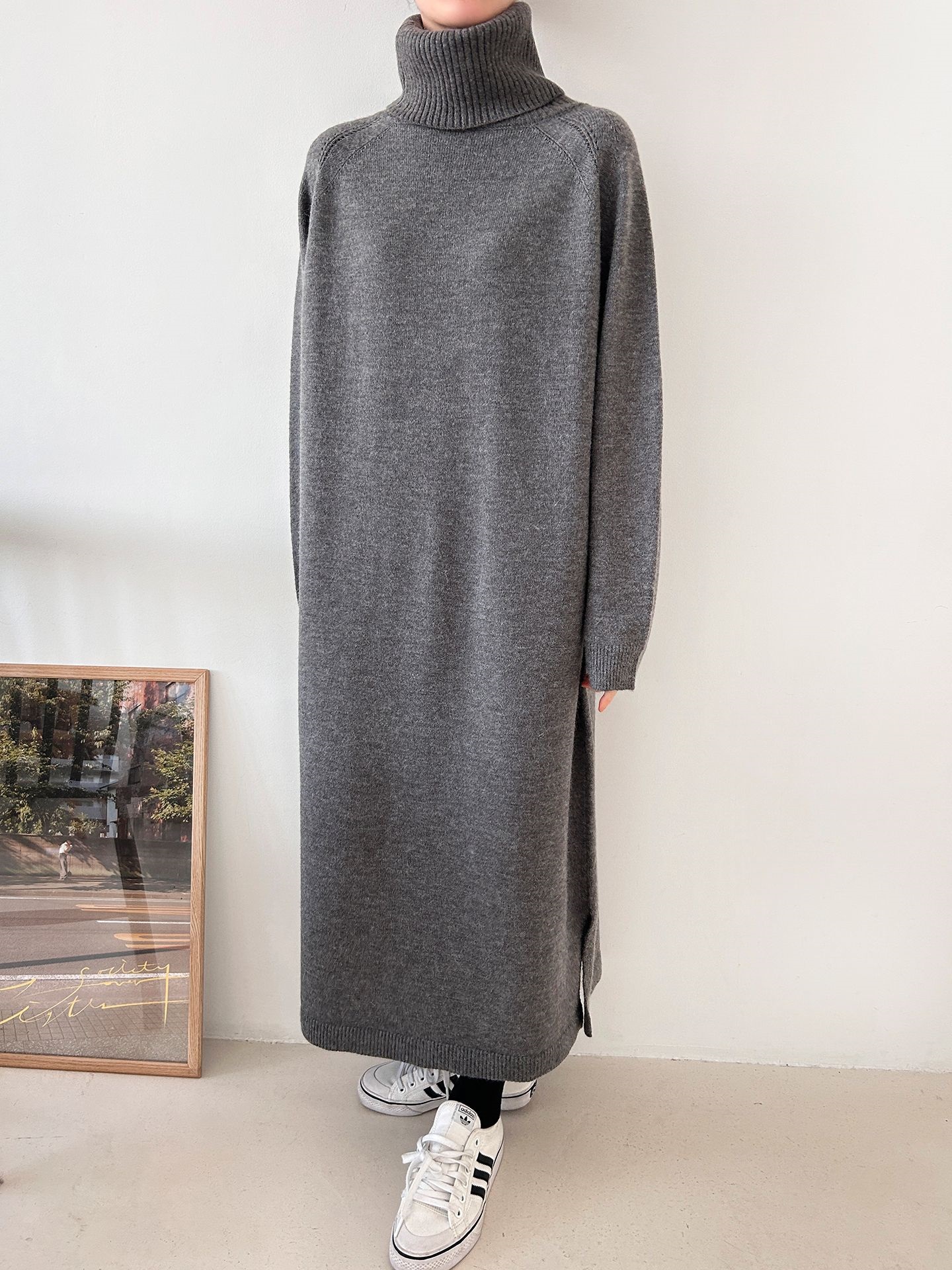 ニットタートルネックロングルーズ長袖ワンピース | 詳細画像4