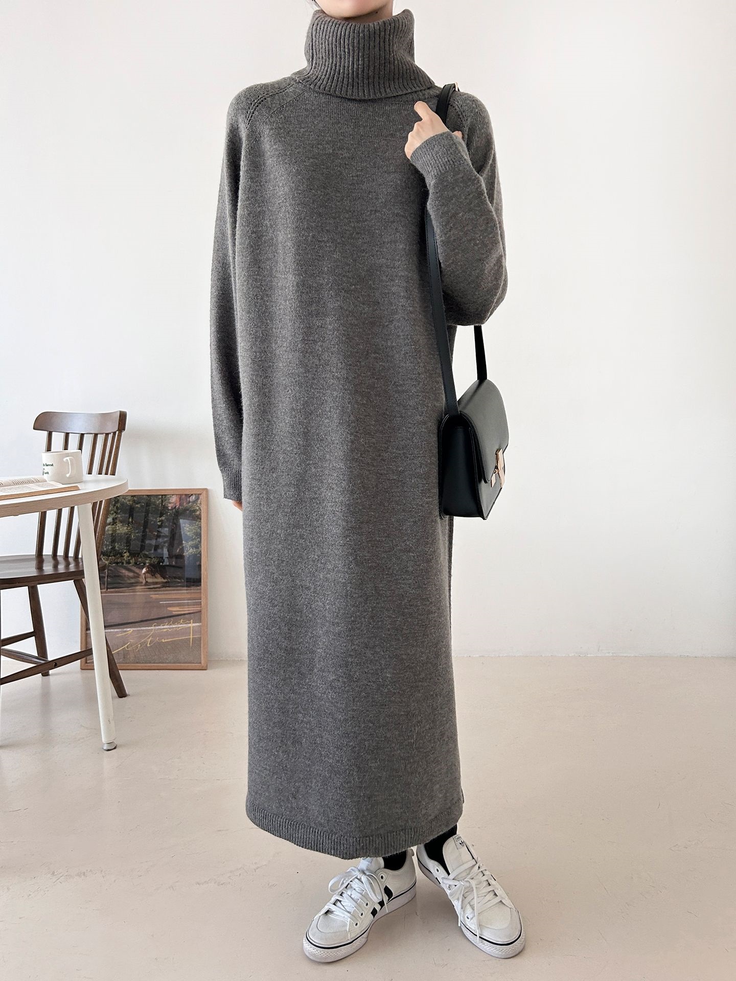 ニットタートルネックロングルーズ長袖ワンピース | 詳細画像10