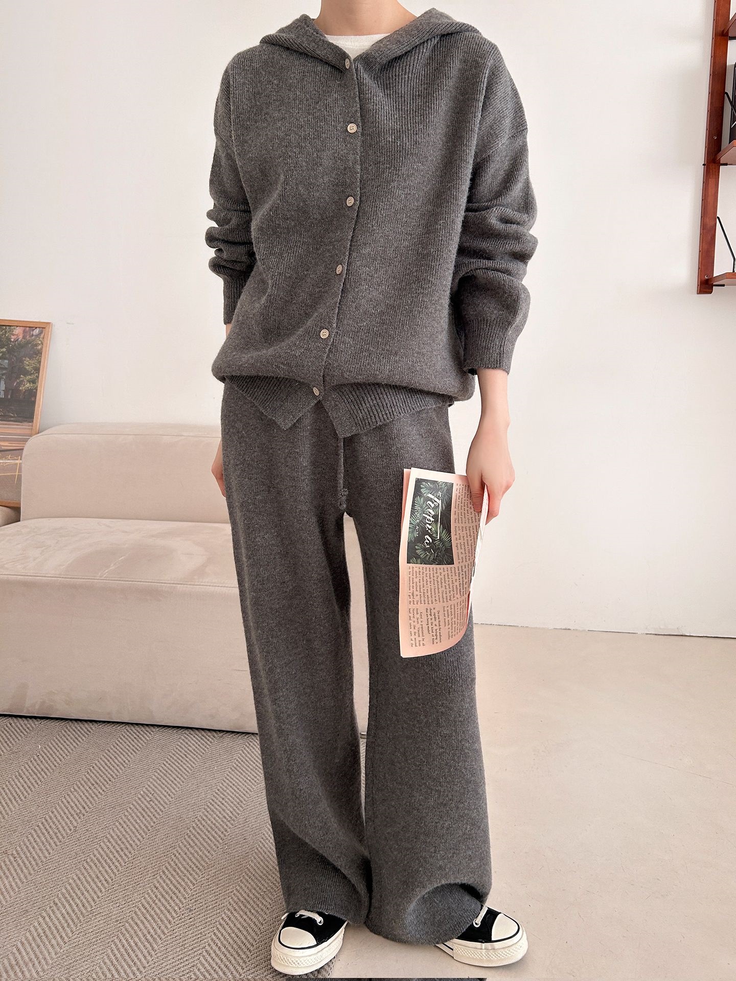 ニットボタンフードウエストゴムルーズ長袖セットアップパンツジップパーカー | 詳細画像2